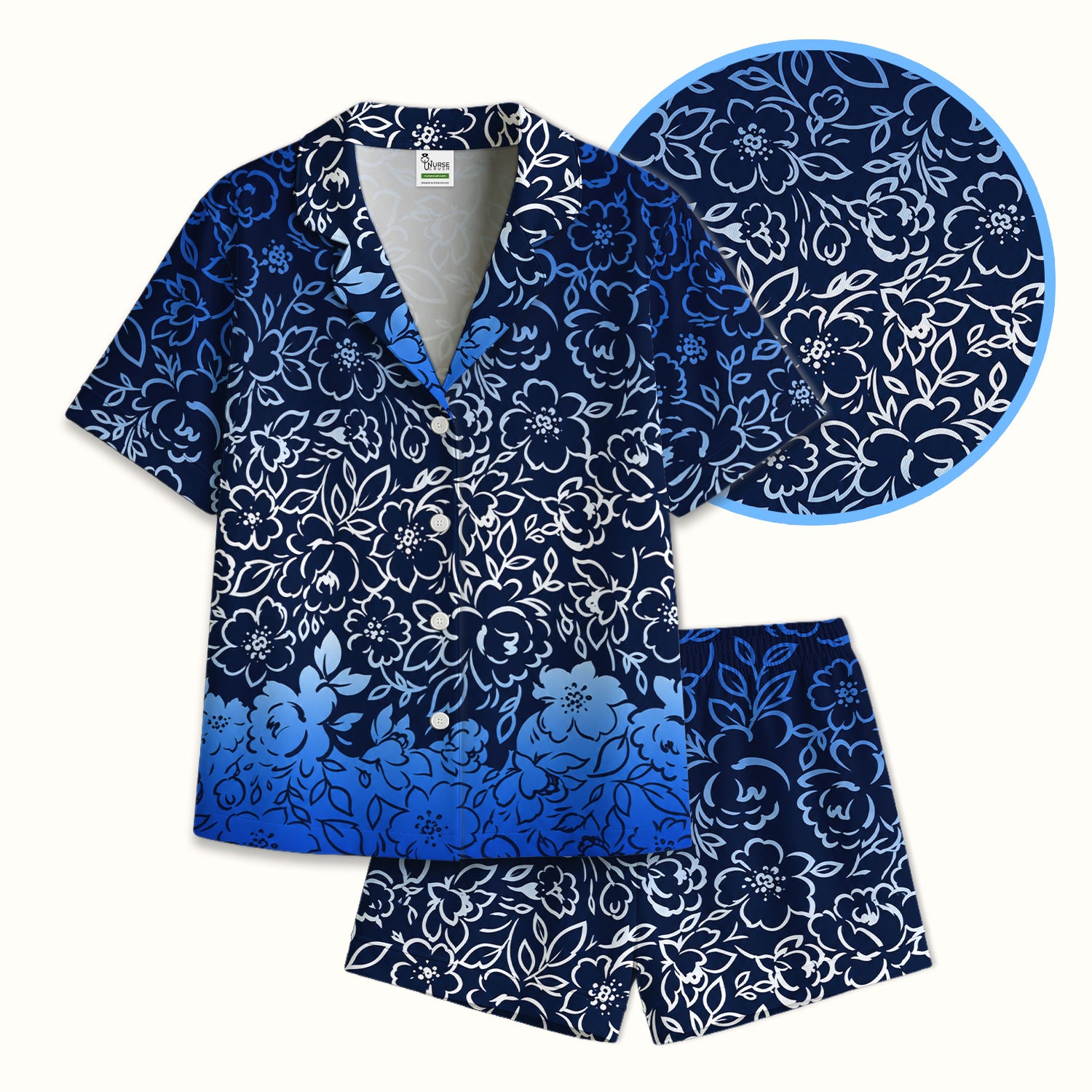 Navy Botanical Flower Print Pajama Set, Soft Breathable Fabric Comfortable Sleepwear