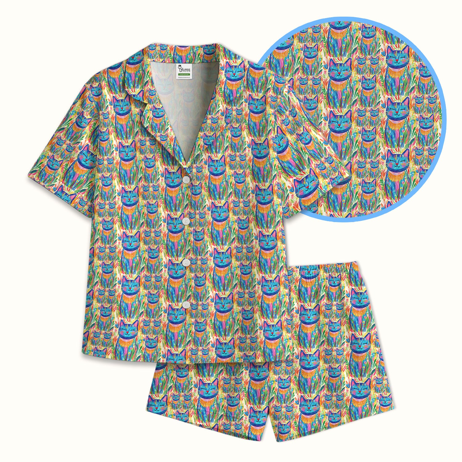 Colorful Rainbow Cat With Floral Brushstroke Pajama Set, Soft Breathable Fabric Comfortable Sleepwear