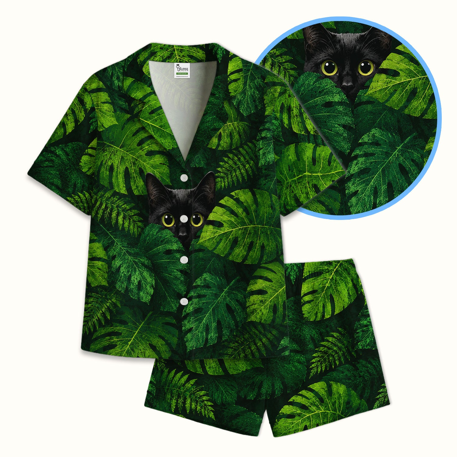 Cute Hidden Black Cat Pattern Pajama Set, Soft Breathable Fabric Comfortable Sleepwear