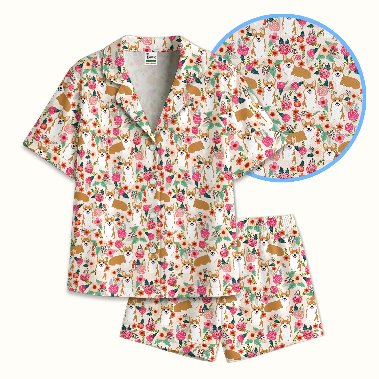 Cute Corgi Dog Floral Garden Pattern Nurse Pajama Set, Soft Breathable Fabric Comfortable Sleepwear
