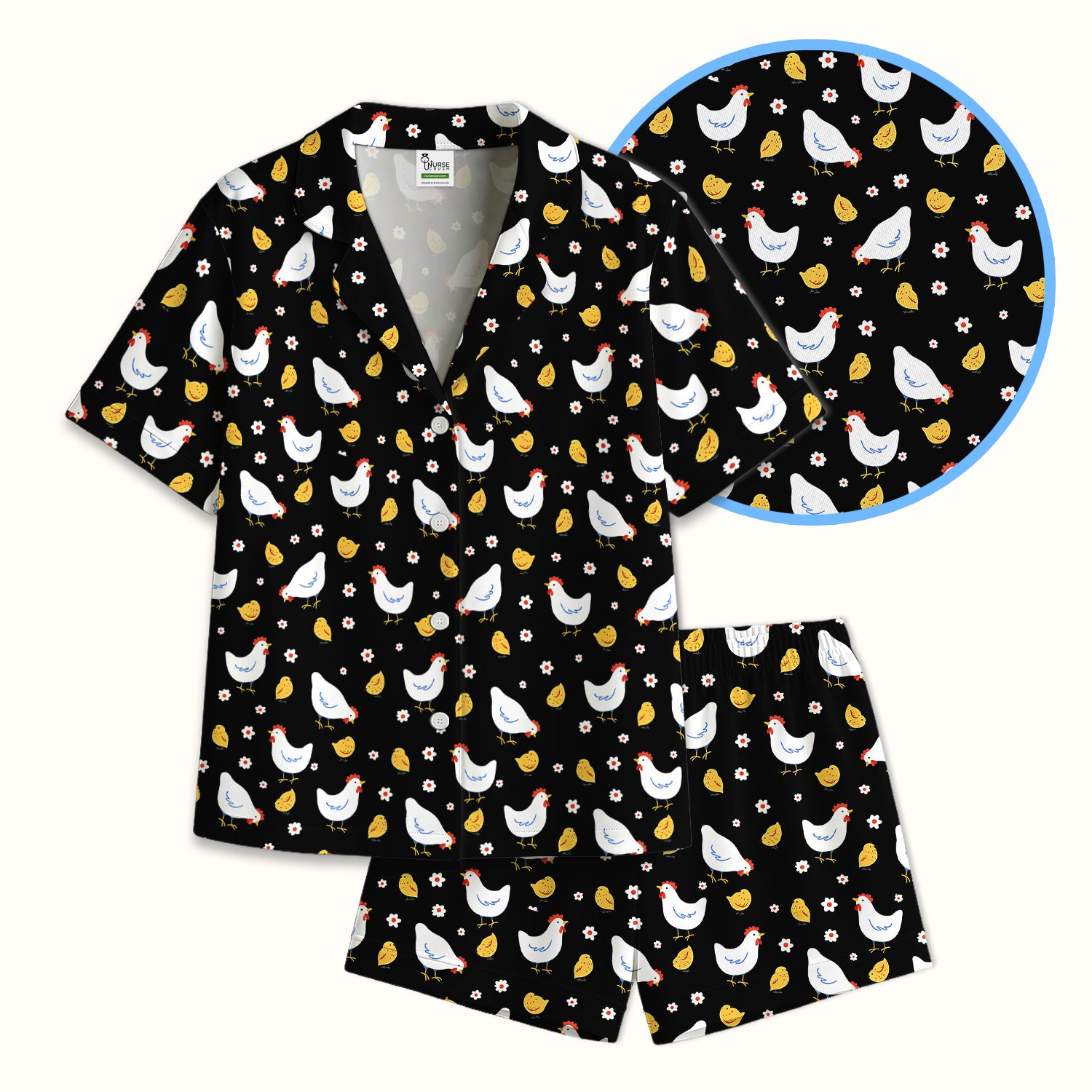 Chicken And Cute Chicks Pattern Pajama Set, Breathable Fabrics Uniform