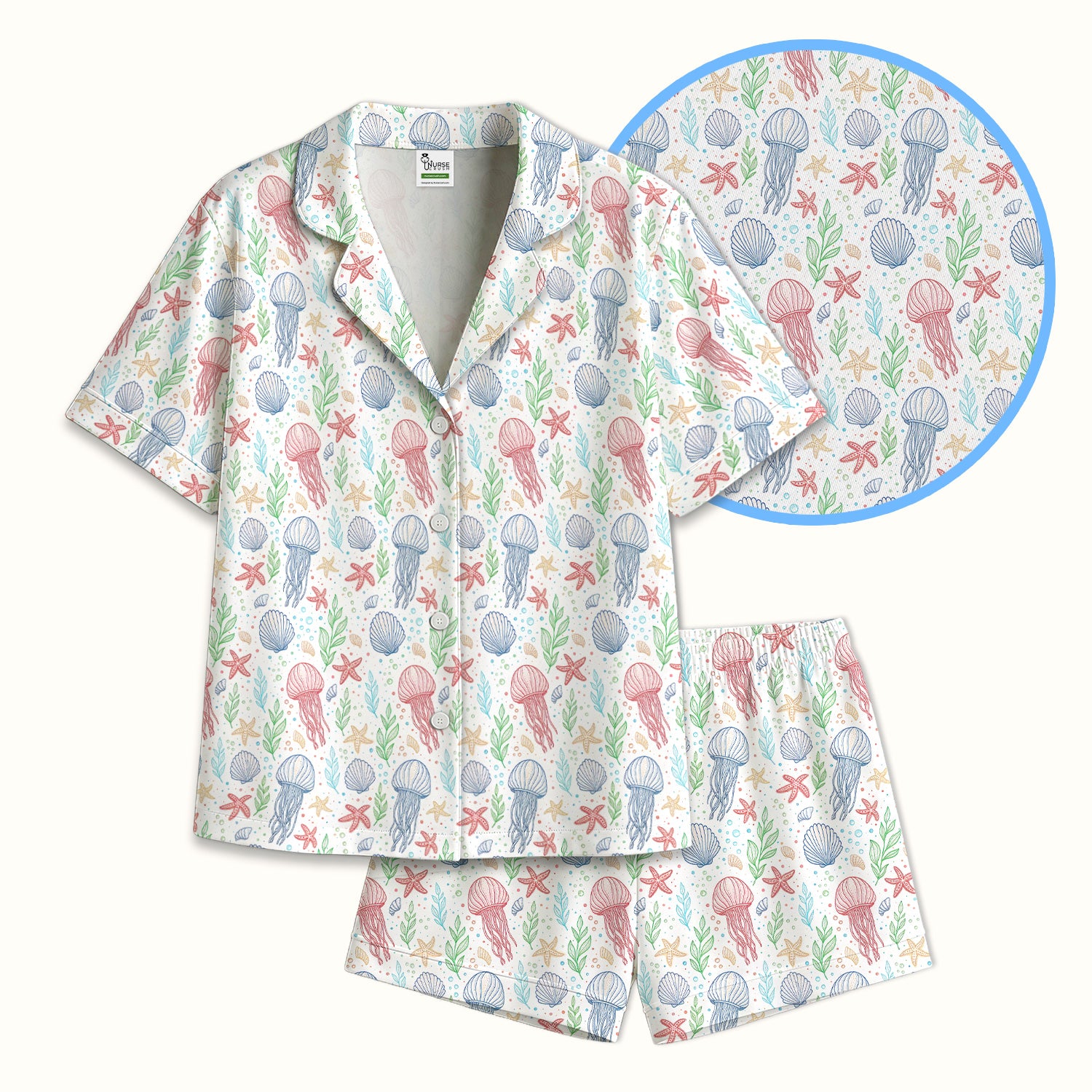 Cute Jellyfish Ocean World Pattern Pajama Set, Soft Breathable Fabric Comfortable Sleepwear