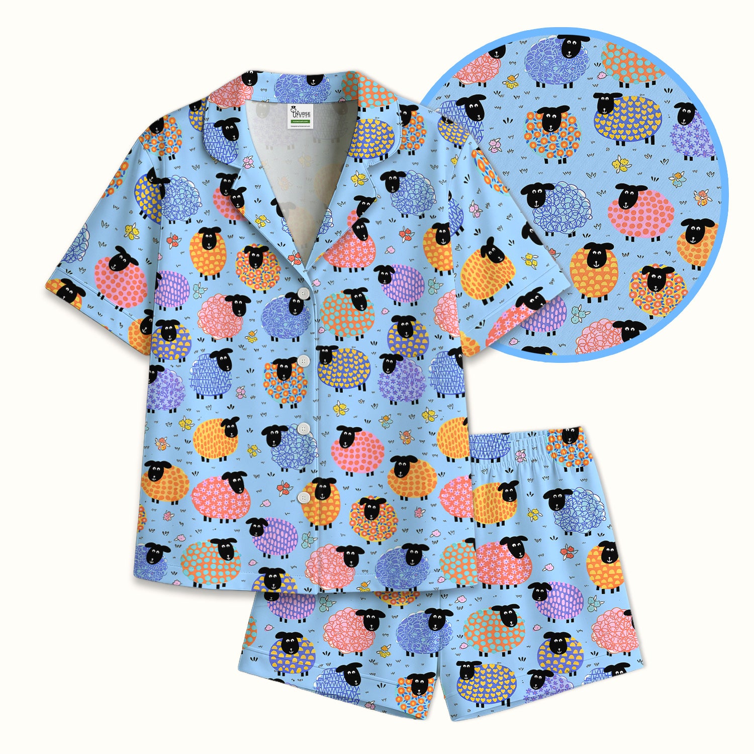 Funny Colorful Sheep Pattern Pajama Set, Breathable Fabrics Uniform