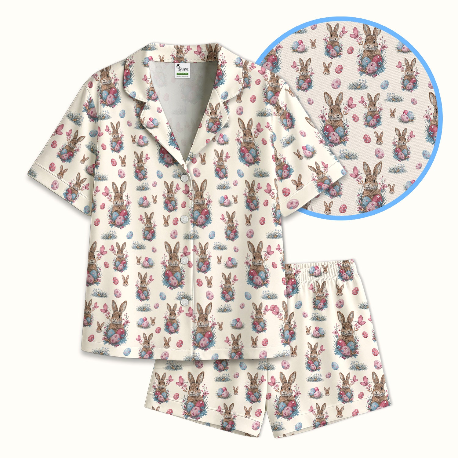Pastel Easter Bunny Nest Pattern Pajama Set, Breathable Fabrics Uniform