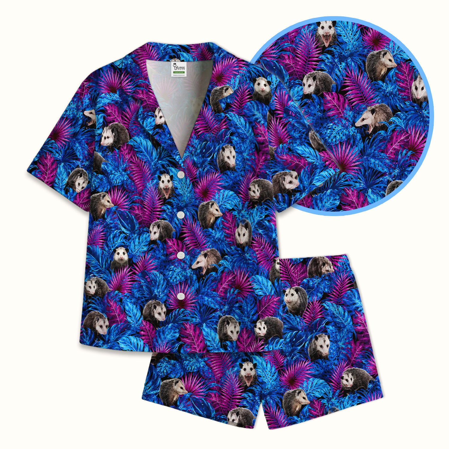 Cute Opossum Tropical Print Pajama Set, Soft Breathable Fabric Comfortable Sleepwear