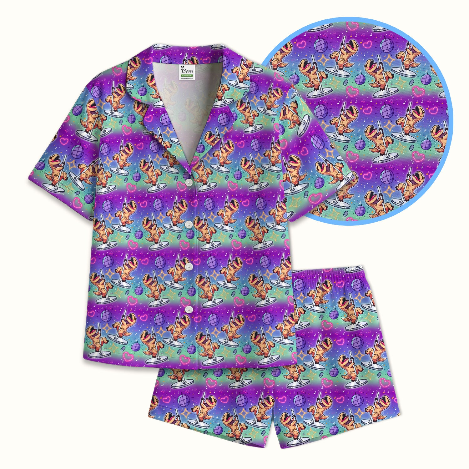 Funny Dancing Dinosaur Disco Party Pattern Nurse Pajama Set, Soft Breathable Fabric Comfortable Sleepwear