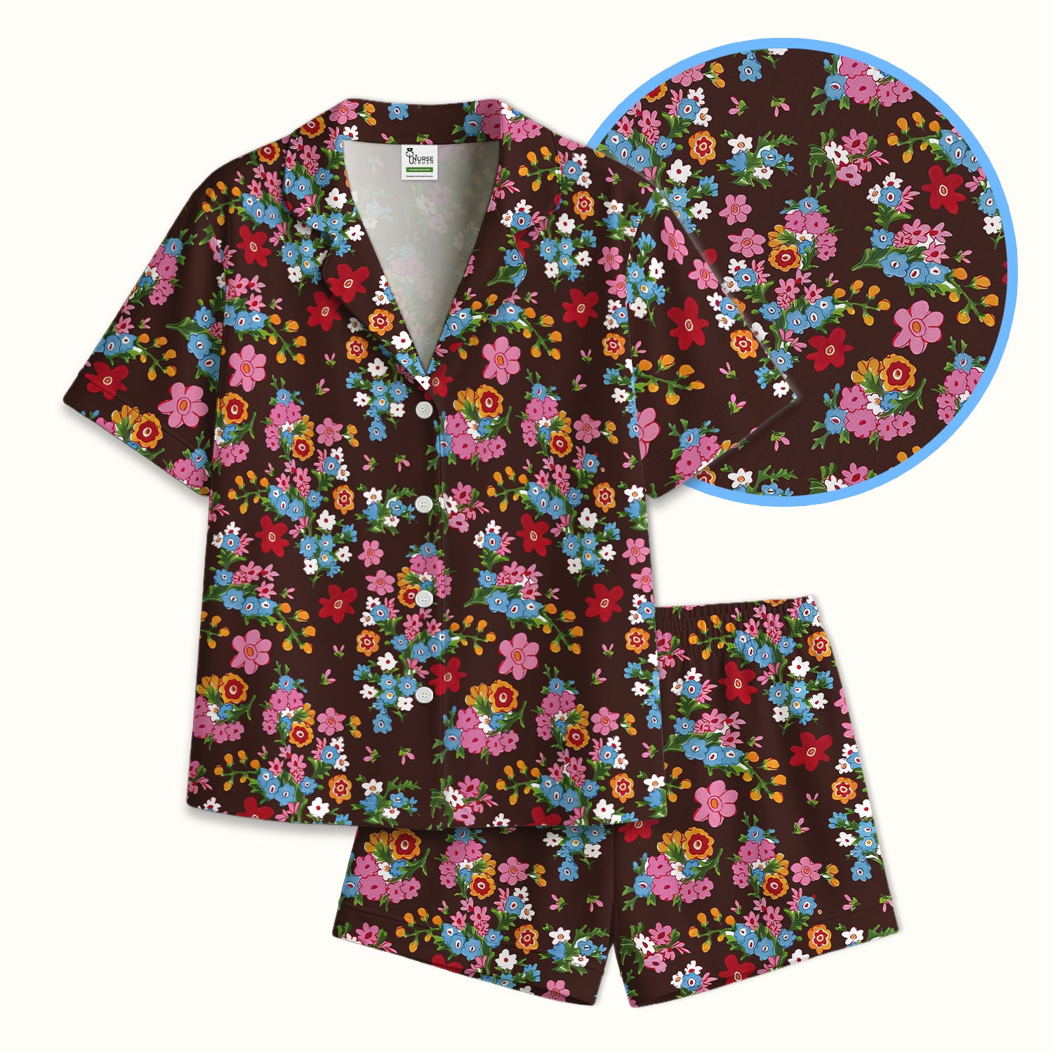 Charming Vintage Floral Bouquet Pattern Pajama Set, Breathable Fabrics Uniform