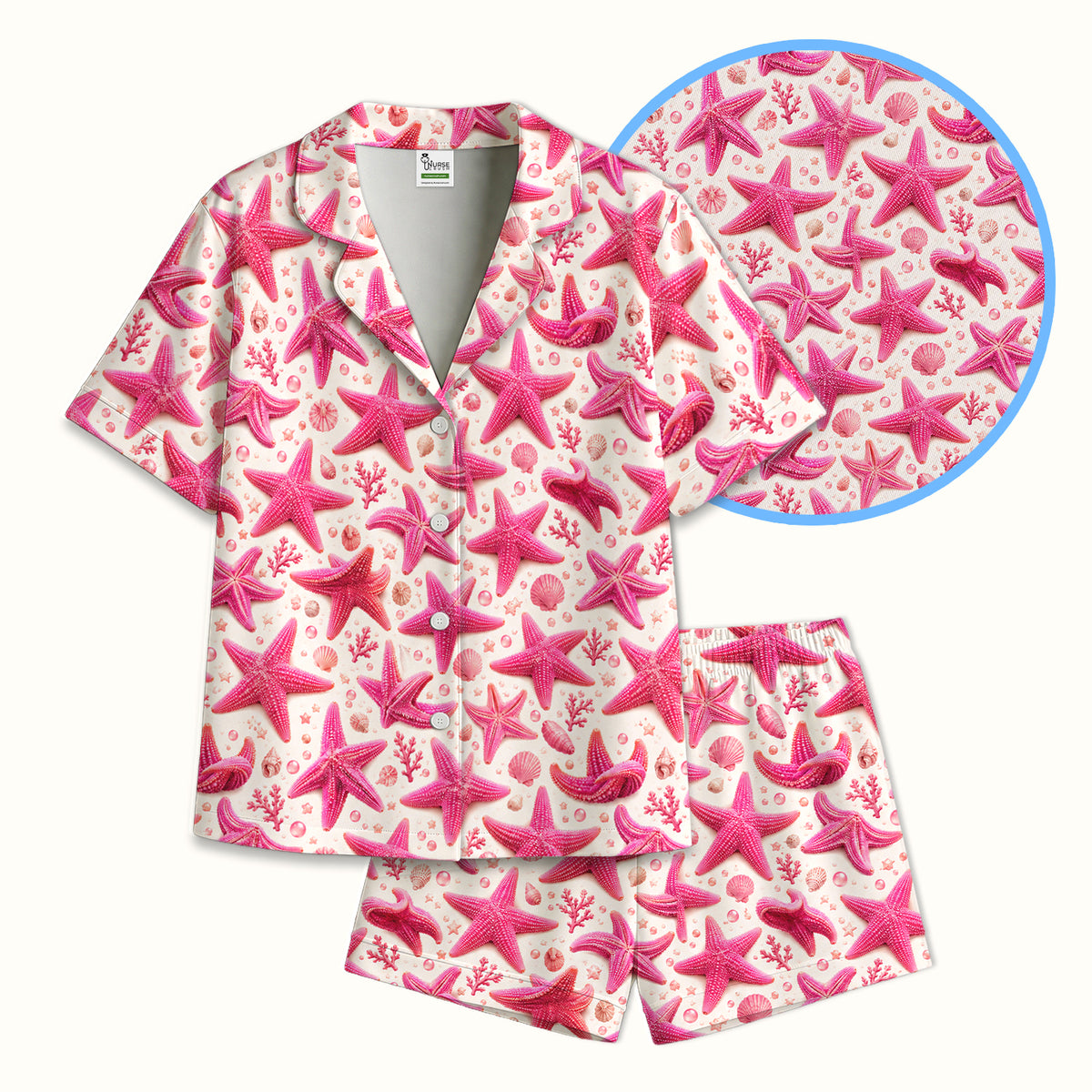 Pink Starfish And Seashell Pattern Pajama Set, Soft Breathable Fabric Comfortable Sleepwear
