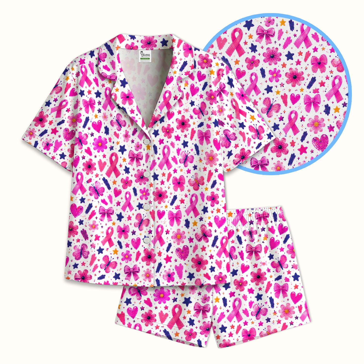 Pink Ribbon Floral Pattern Pajama Set, Soft Breathable Fabric Comfortable Sleepwear