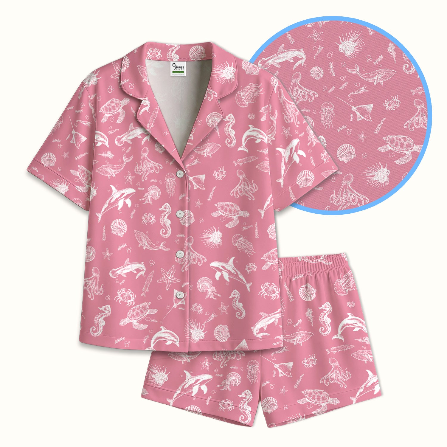 Marine Sea Life Pattern Pajama Set, Breathable Fabrics Uniform