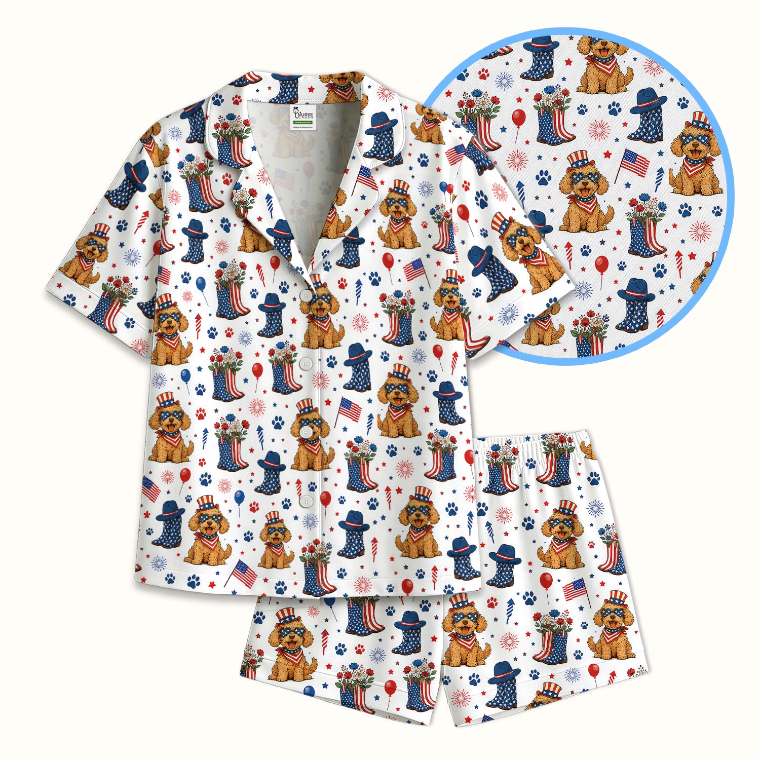 Patriotic Puppy Cowboy Boots Pattern Pajama Set, Soft Breathable Fabric Comfortable Sleepwear