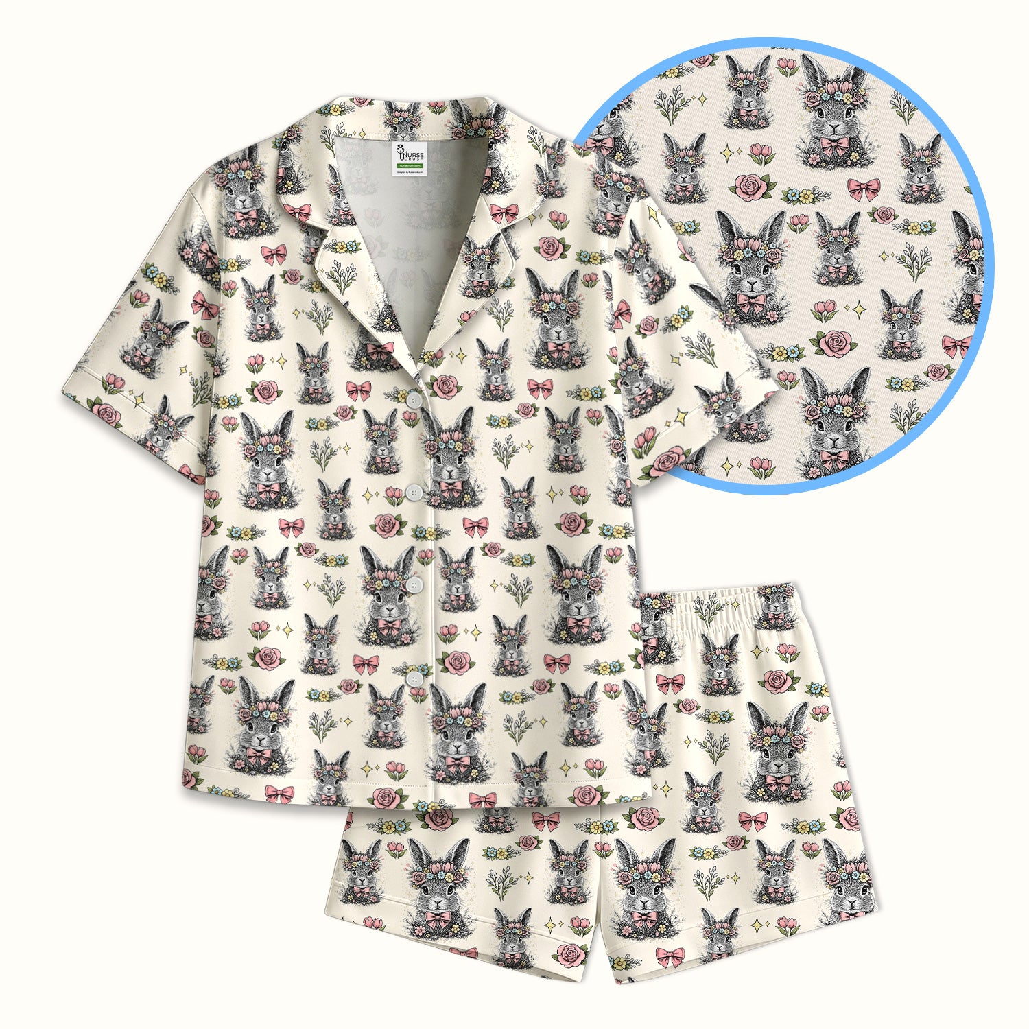 Easter Vintage Floral Bunny Print Pajama Set, Breathable Fabrics Uniform