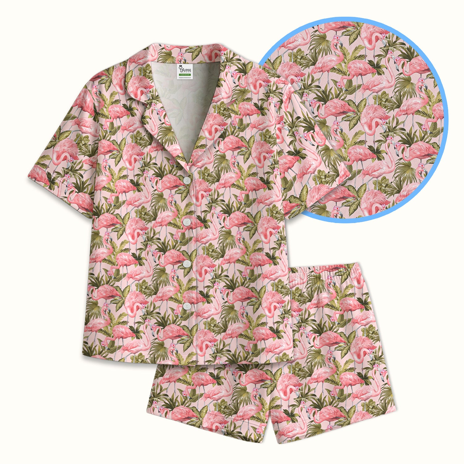 Pink Flamingo Jungle Leaves Pattern Pajama Set, Breathable Fabrics Uniform