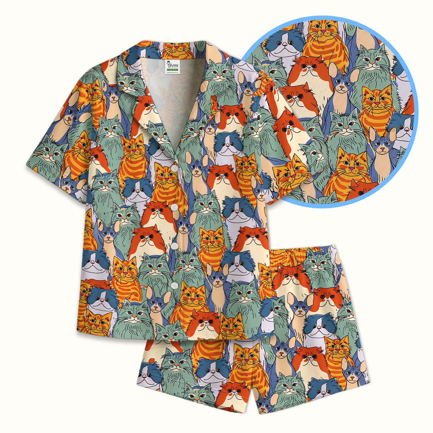 Cute Multicolor Cat Faces Illustration Pattern Pajama Set, Soft Breathable Fabric Comfortable Sleepwear