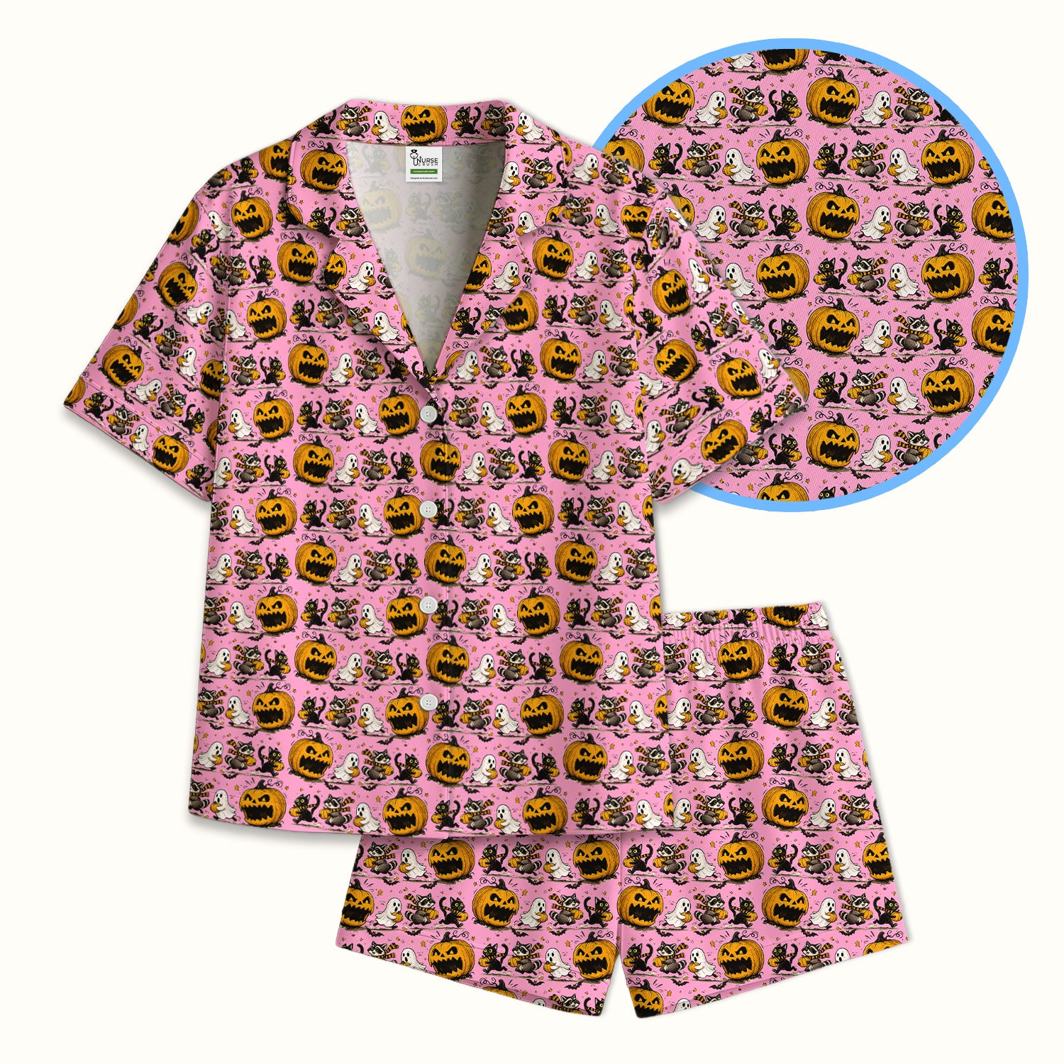 Spooky Halloween Woodland Critters Pattern Pajama Set, Soft Breathable Fabric Comfortable Sleepwear