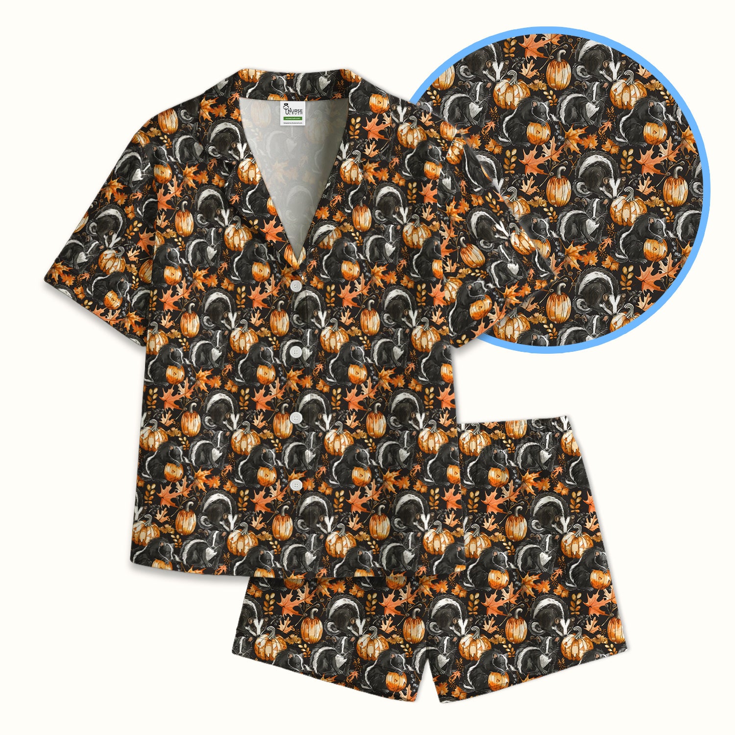 Skunk Pumpkin with Autumn Leaves Pattern Pajama Set, Soft Breathable Fabric Comfortable Sleepwear