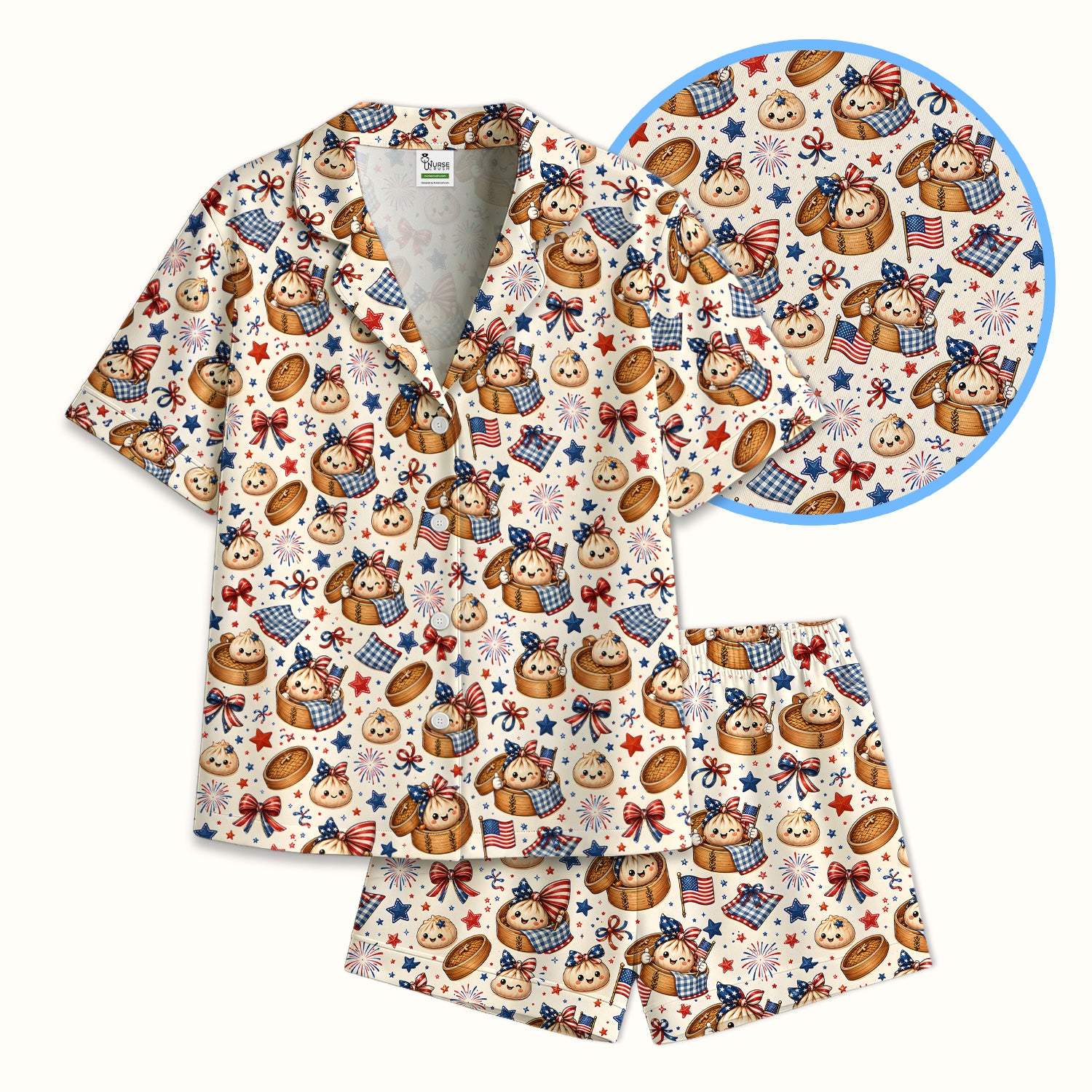 Patriotic Dumpling Nurse Pattern Pajama Set, Soft Breathable Fabric Comfortable Sleepwear