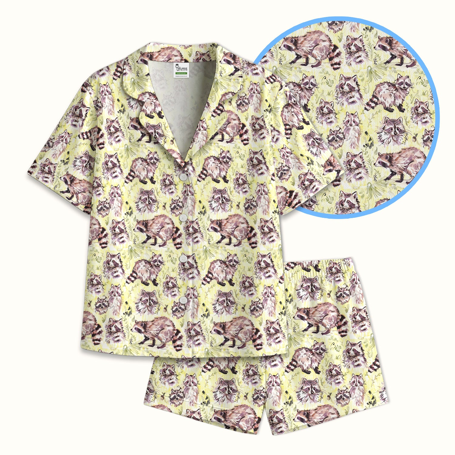 Cute Woodland Raccoon Forest Animal Pattern Pajama Set, Soft Breathable Fabric Comfortable Sleepwear