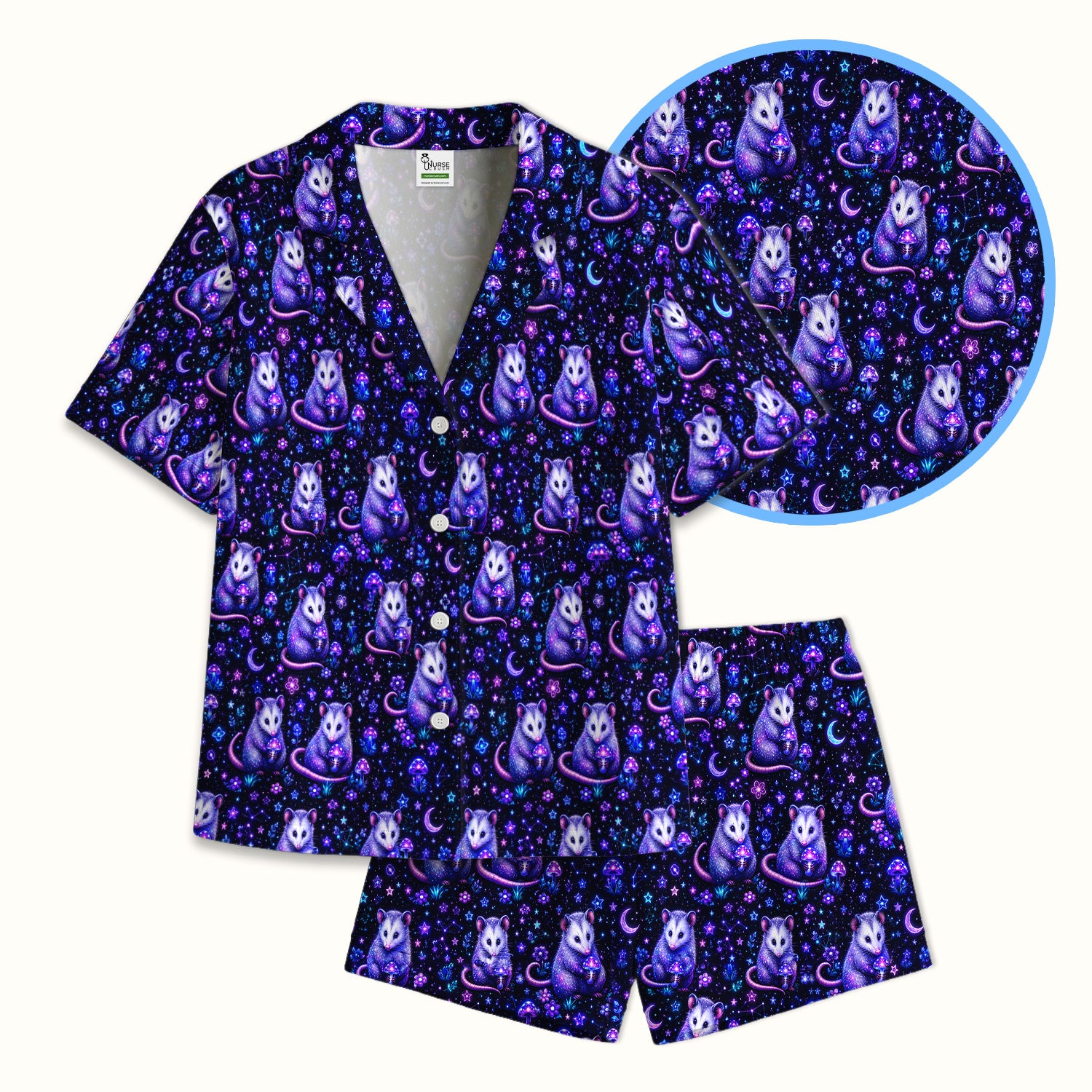 Neon Opossum Mushroom Galaxy Pattern Pajama Set, Soft Breathable Fabric Comfortable Sleepwear