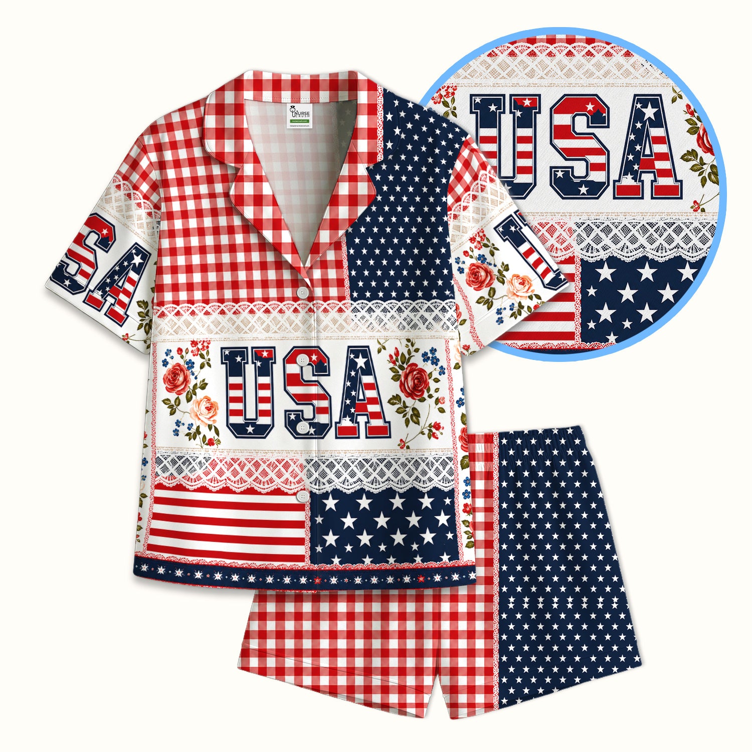Patriotic Patchwork with USA Flag Pattern Pajama Set, Soft Breathable Fabric Comfortable Sleepwear