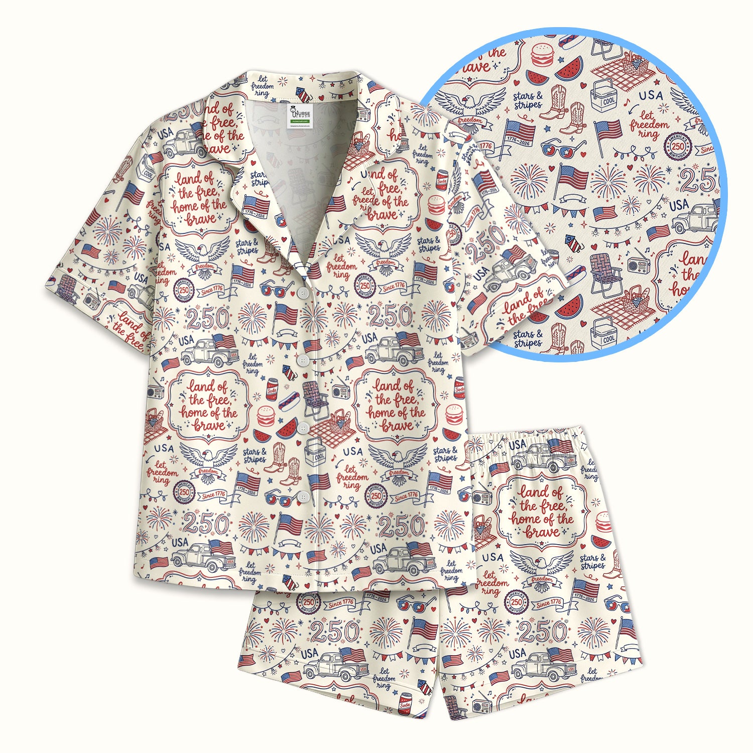 Vintage USA Freedom Print Pajama Set, Soft Breathable Fabric Comfortable Sleepwear