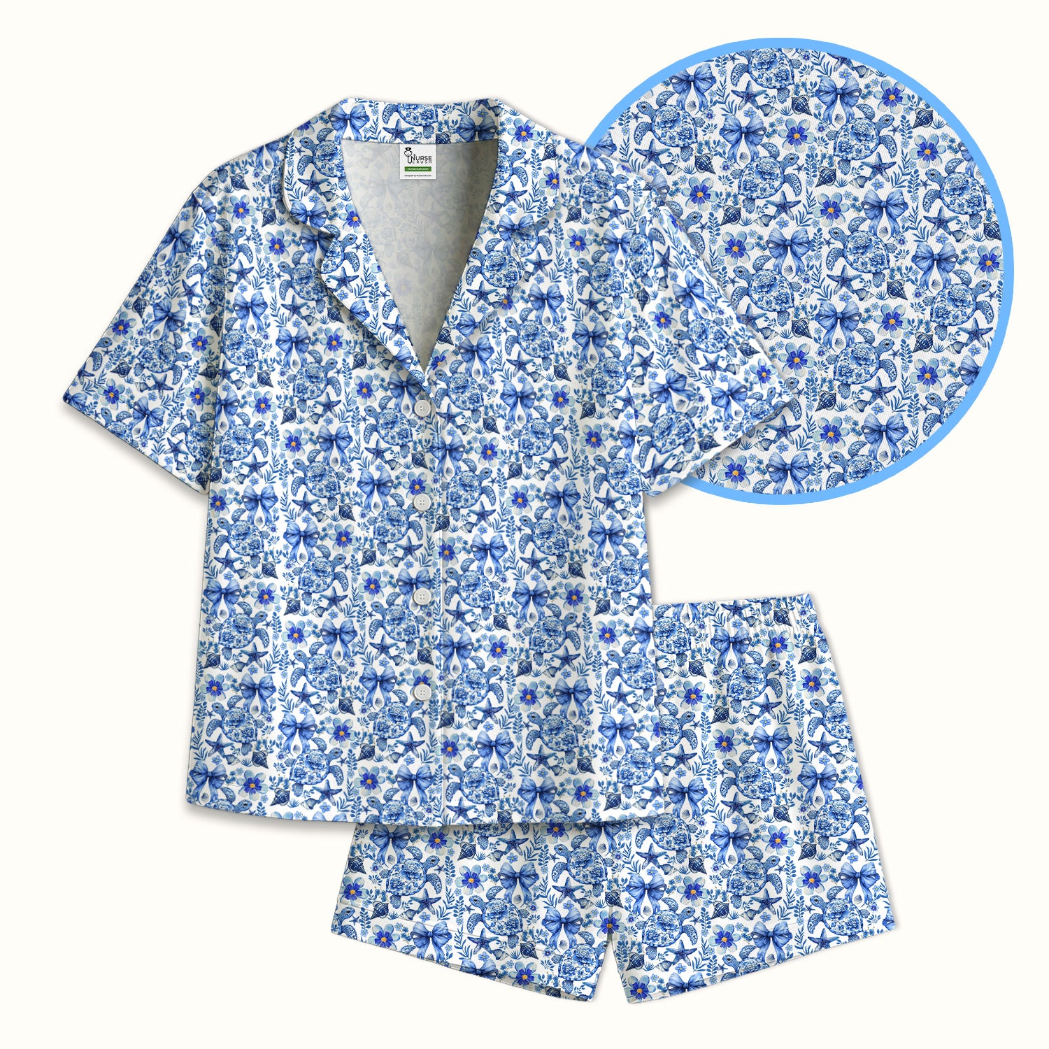 Cute Coastal Turtle Bow Pattern Pajama Set, Soft Breathable Fabric Comfortable Sleepwear