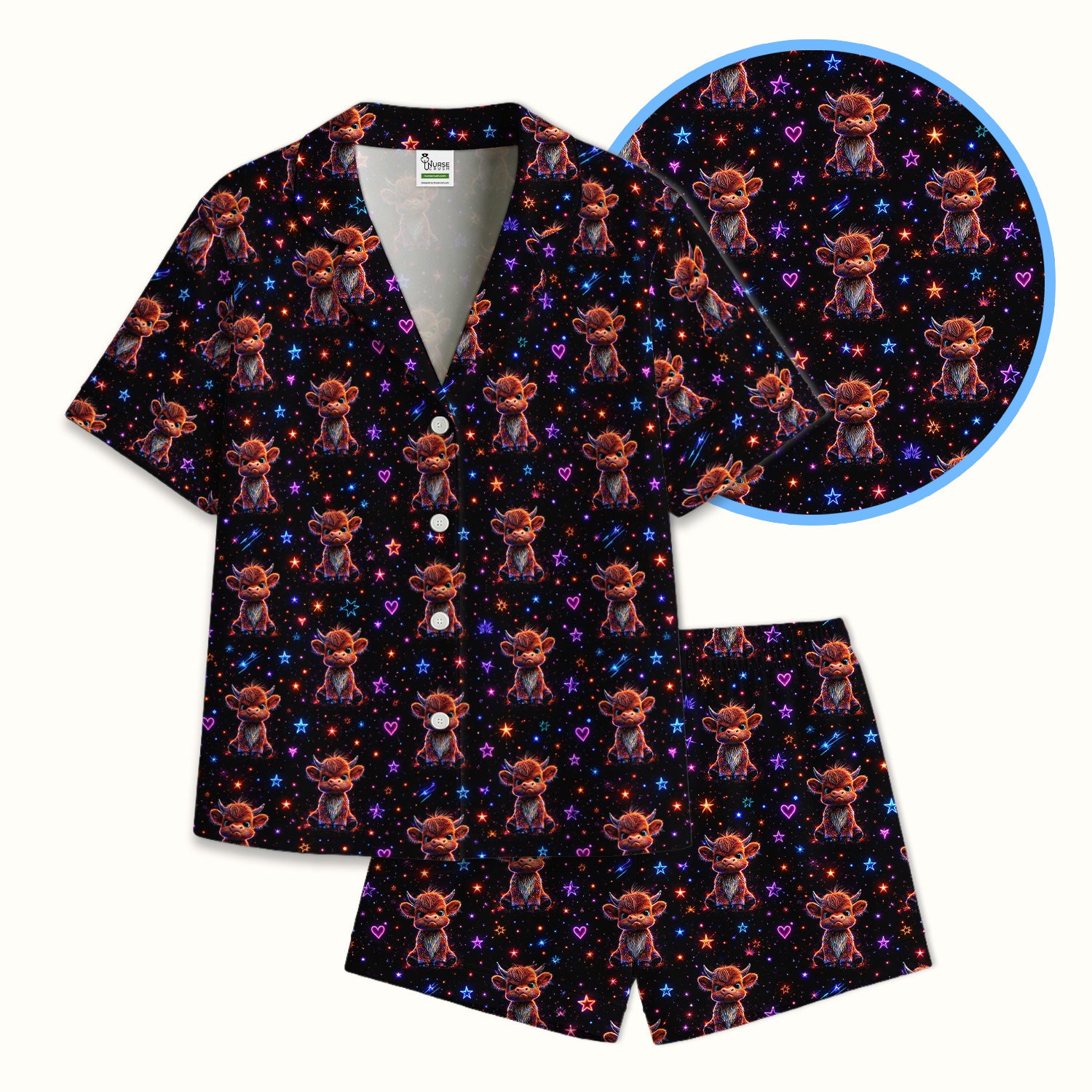Neon Highland Cow Stars Pattern Pajama Set, Soft Breathable Fabric Comfortable Sleepwear