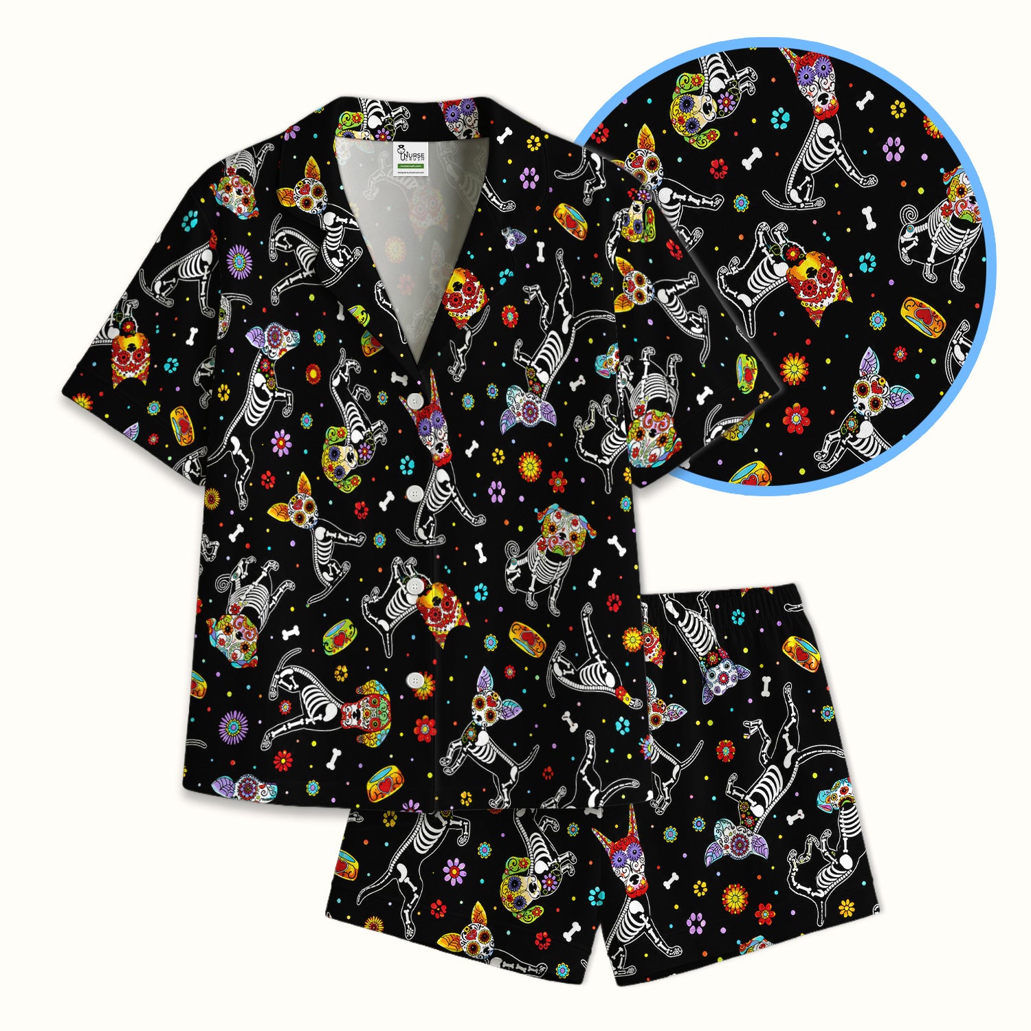 Colorful Day Of The Dead Dogs Pajama Set, Soft Breathable Fabric Comfortable Sleepwear