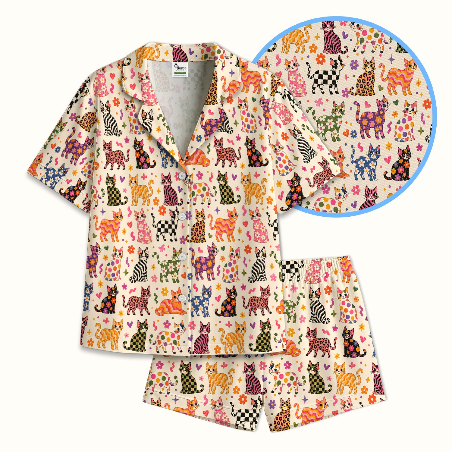 Colorful Cat with Floral Print Pajama Set, Soft Breathable Fabric Comfortable Sleepwear