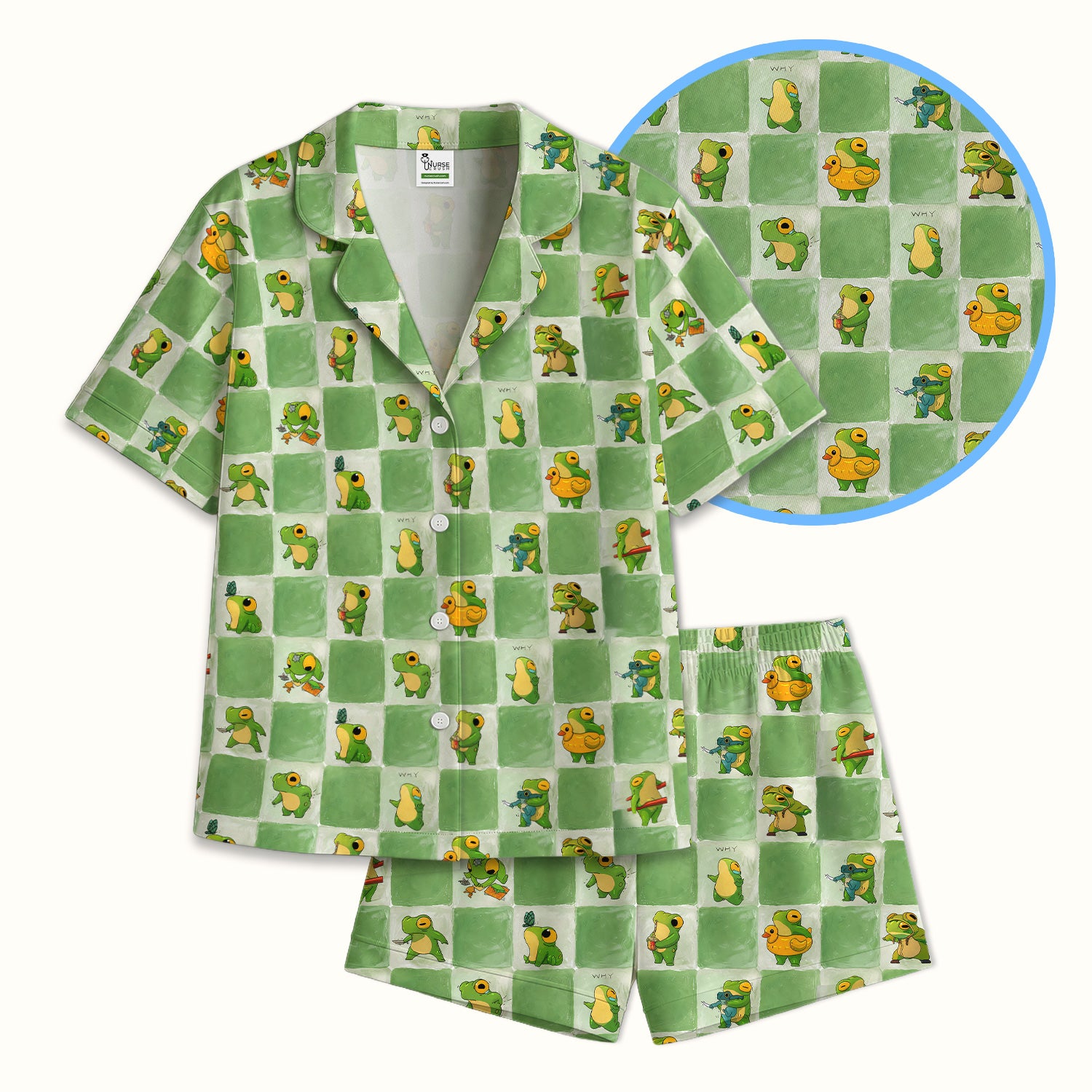 Cute Frog Duck Checkerboard Pattern Pajama Set, Breathable Fabrics Uniform