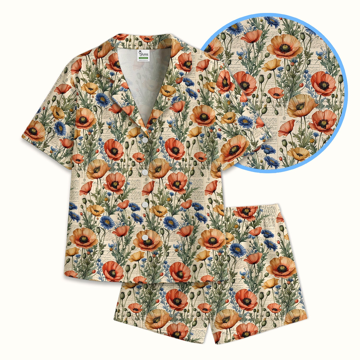 Vintage Poppy Wildflower Script Print Pajama Set, Soft Breathable Fabric Comfortable Sleepwear