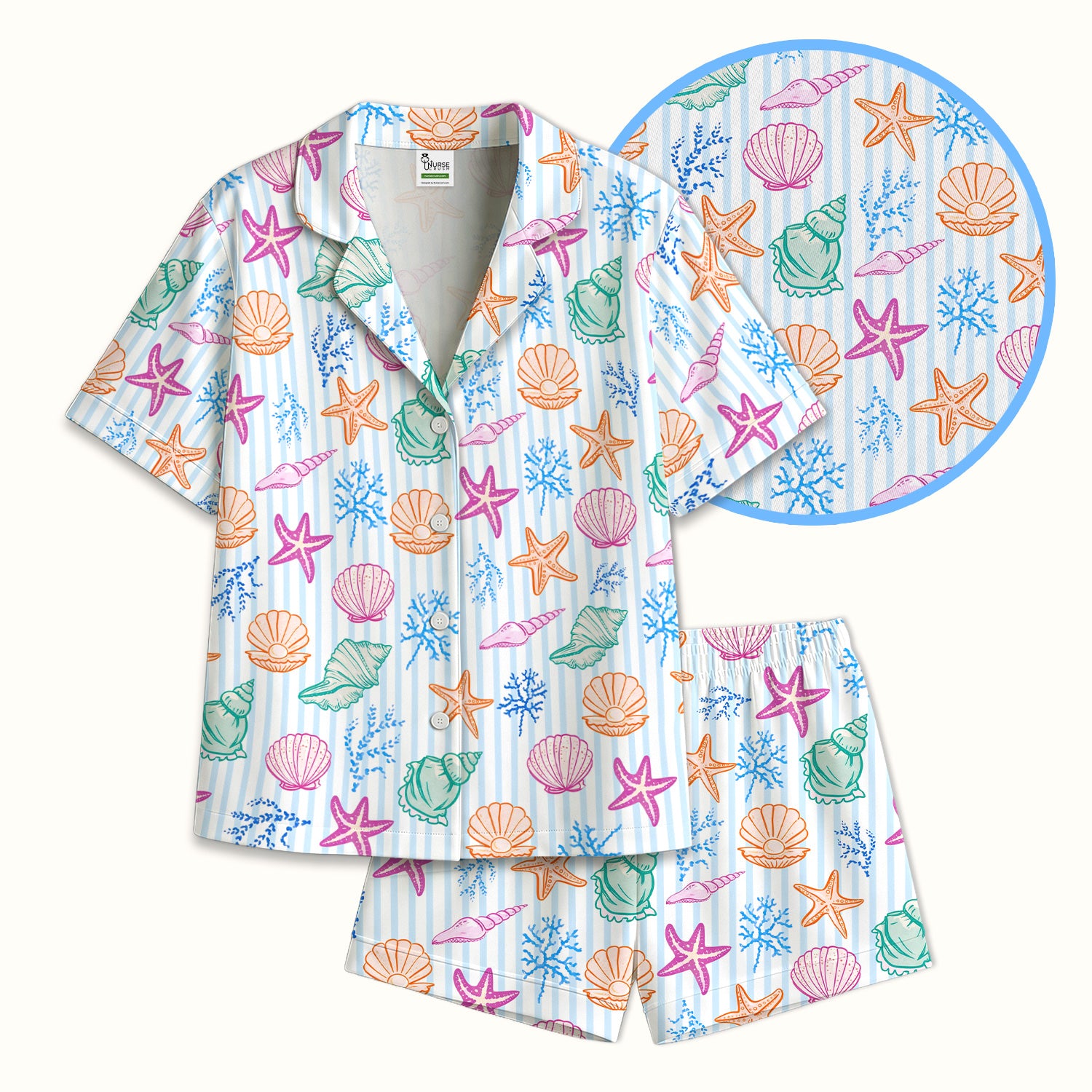 Colorful Seashell Starfish Ocean Stripe Pattern Pajama Set, Breathable Fabrics Uniform