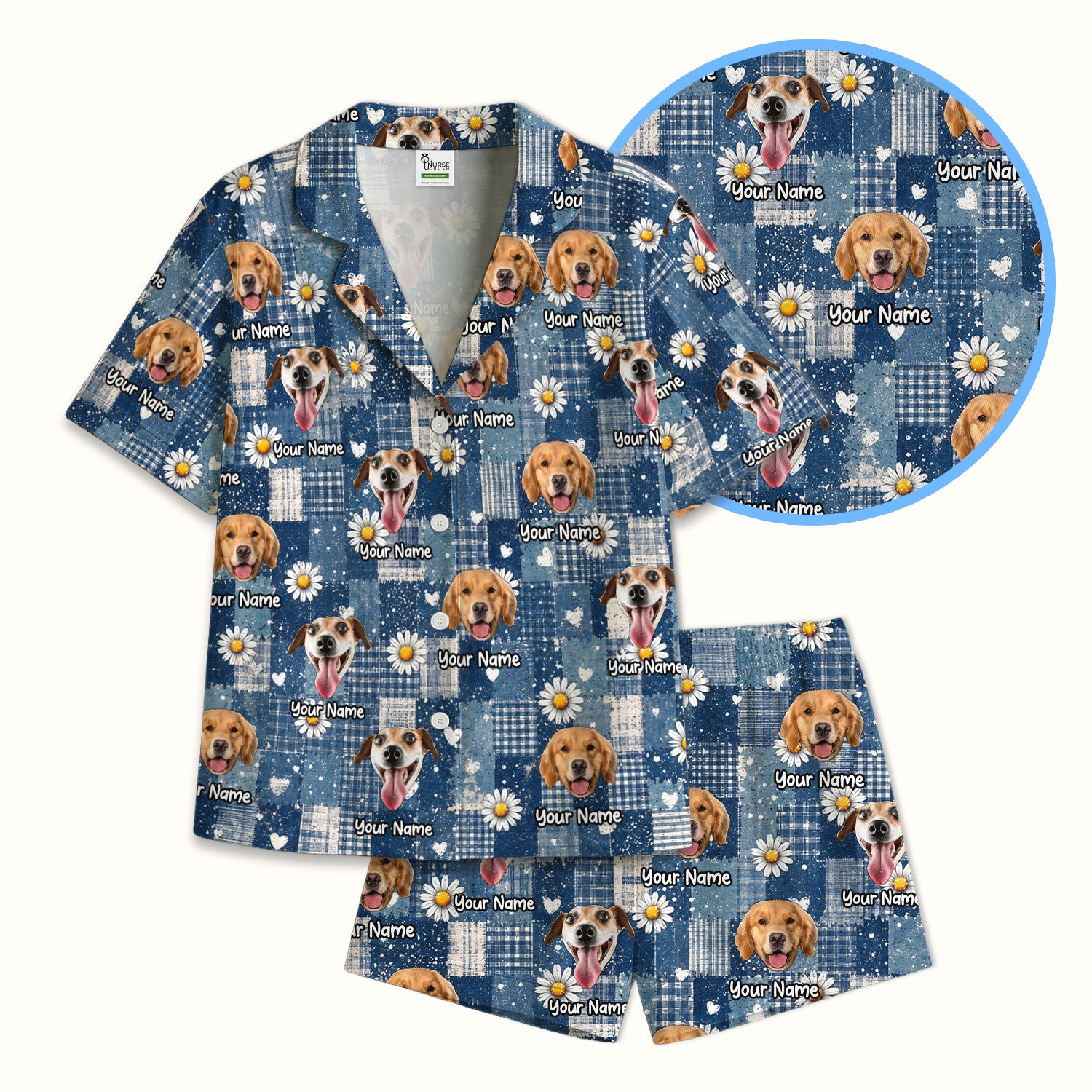 Personalized Cute Dog Portrait On Blue Patchwork Daisy Pattern Pajama Set, Soft Breathable Fabric Comfortable Sleepwear