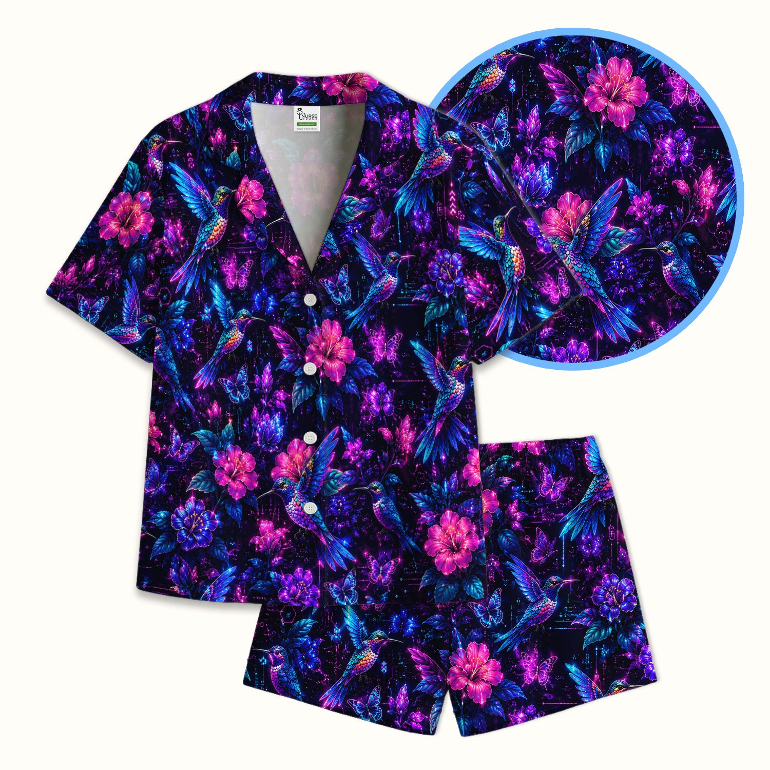 Neon Hummingbird Butterfly Bloom Pattern Pajama Set, Soft Breathable Fabric Comfortable Sleepwear