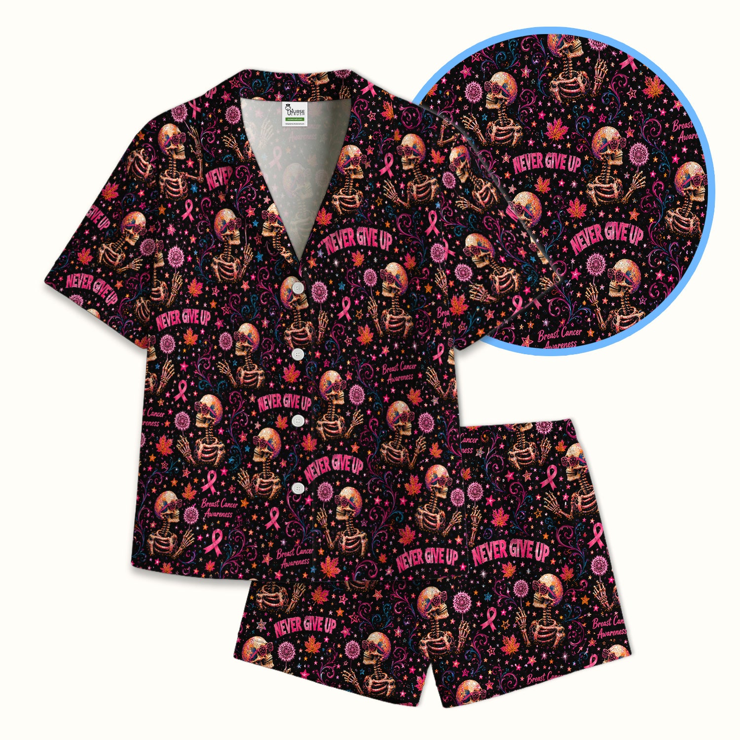 Breast Cancer Awareness Skeletons Pattern Pajama Set, Soft Breathable Fabric Comfortable Sleepwear