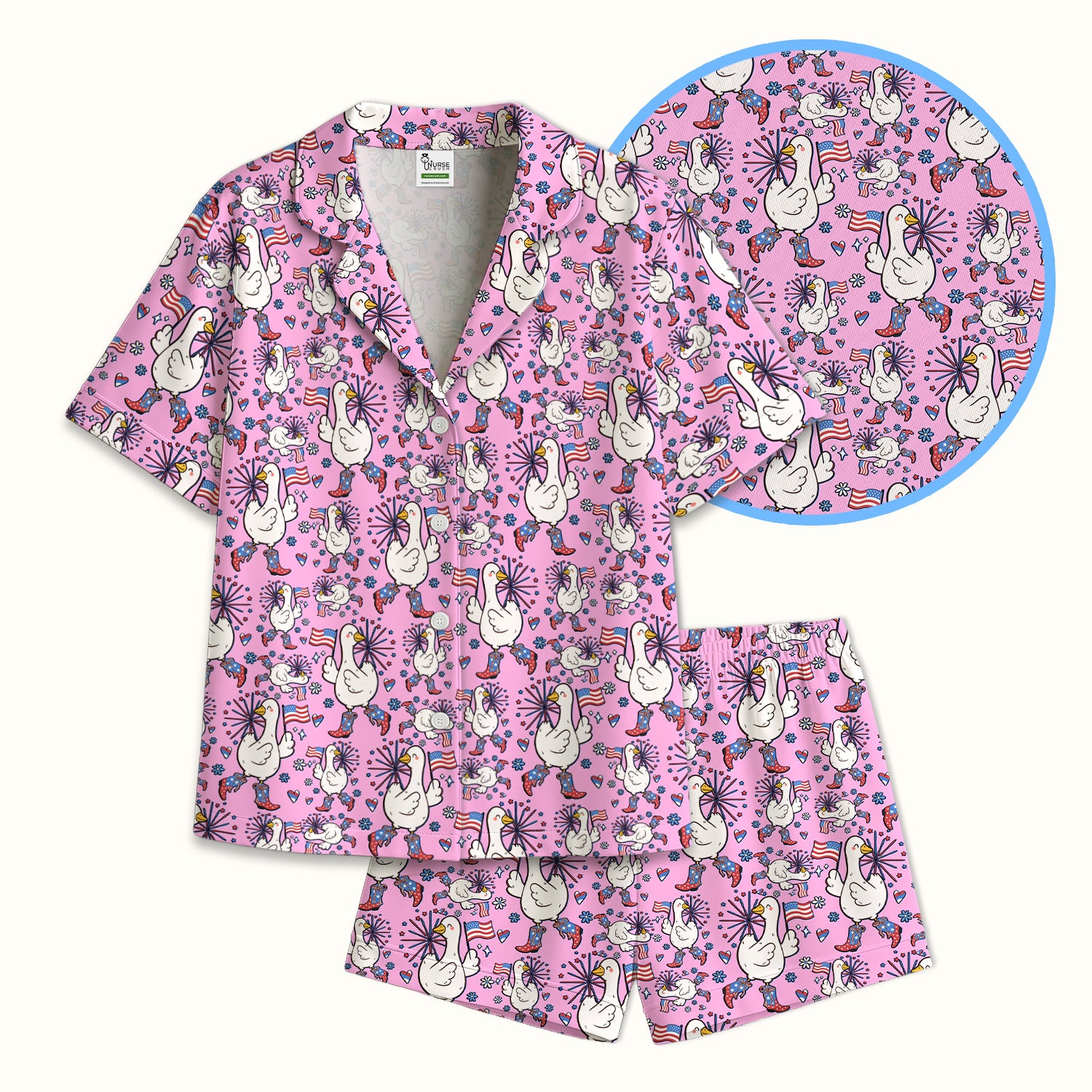 Patriotic Goose With USA Flag Fireworks Pajama Set, Soft Breathable Fabric Comfortable Sleepwear