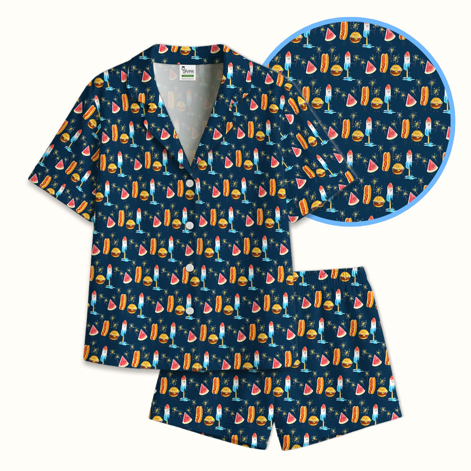 Funny Summer Food Icons Pattern Pajama Set, Soft Breathable Fabric Comfortable Sleepwear