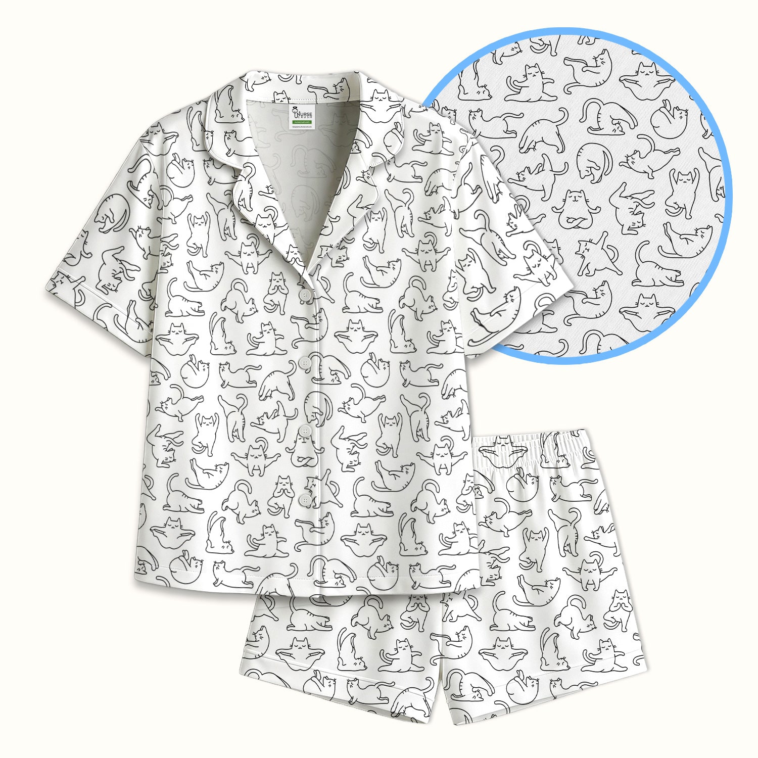 Cute Cat Outline Playing Pattern Pajama Set, Soft Breathable Fabric Comfortable Sleepwear