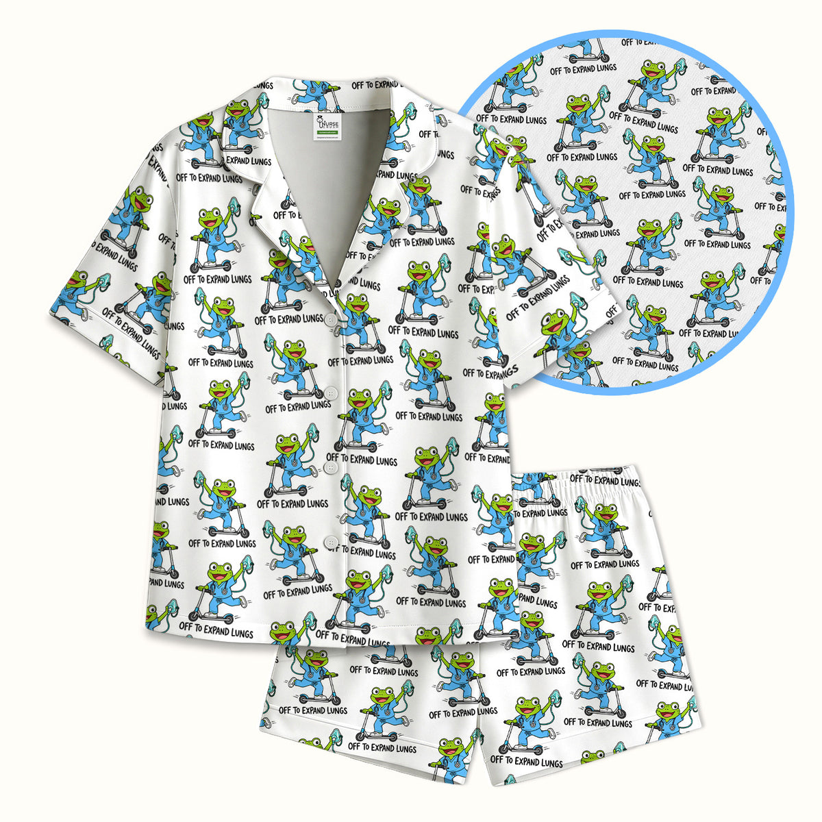 Off To Expand Lungs Frog Pattern Pajama Set, Soft Breathable Fabric Comfortable Sleepwear