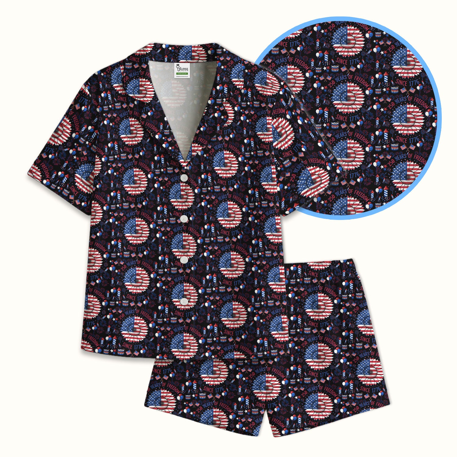 Festive Patriotic Sunflower American Flag Fireworks Pattern Pajama Set, Breathable Fabrics Uniform