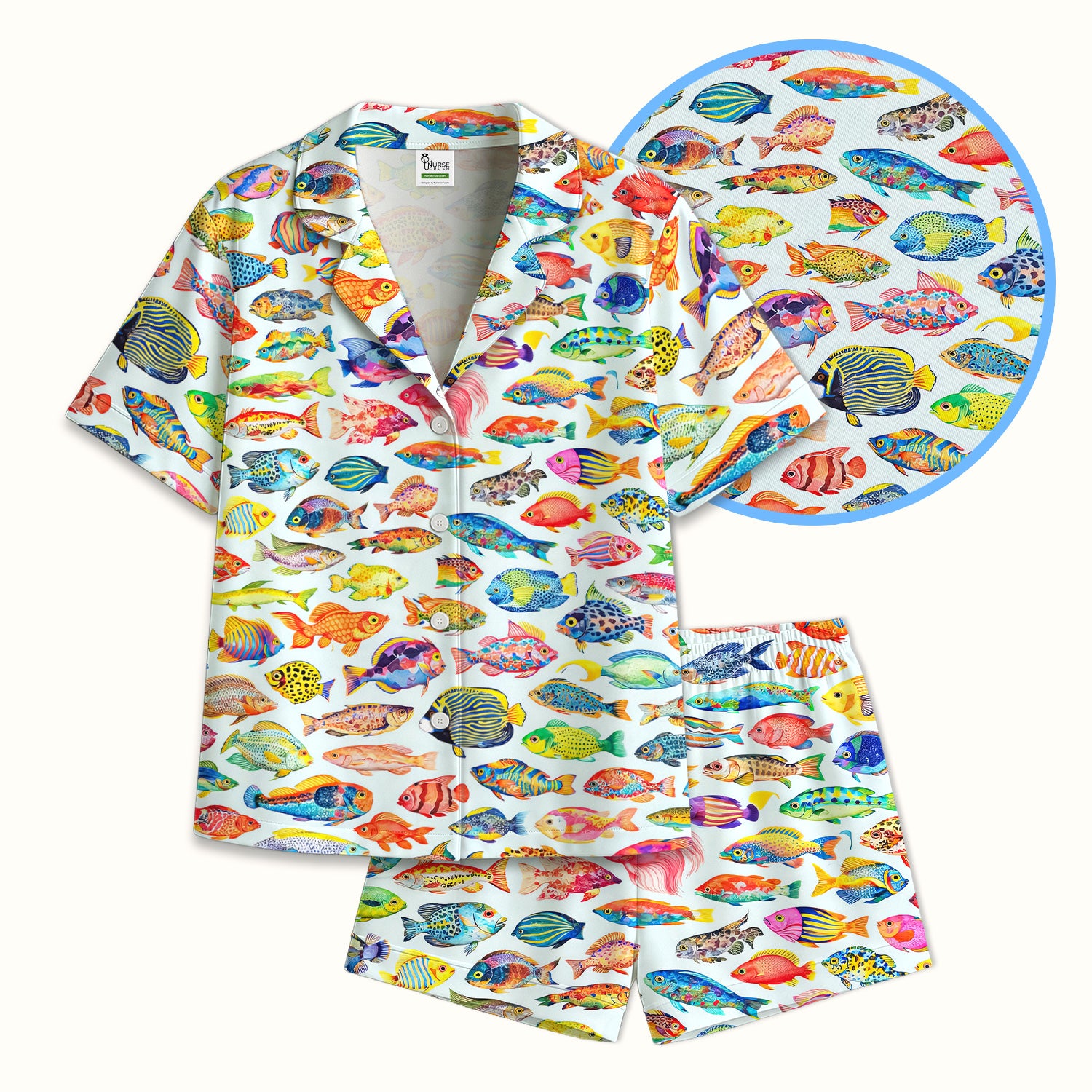Colorful Tropical Fish Pattern Pajama Set, Soft Breathable Fabric Comfortable Sleepwear
