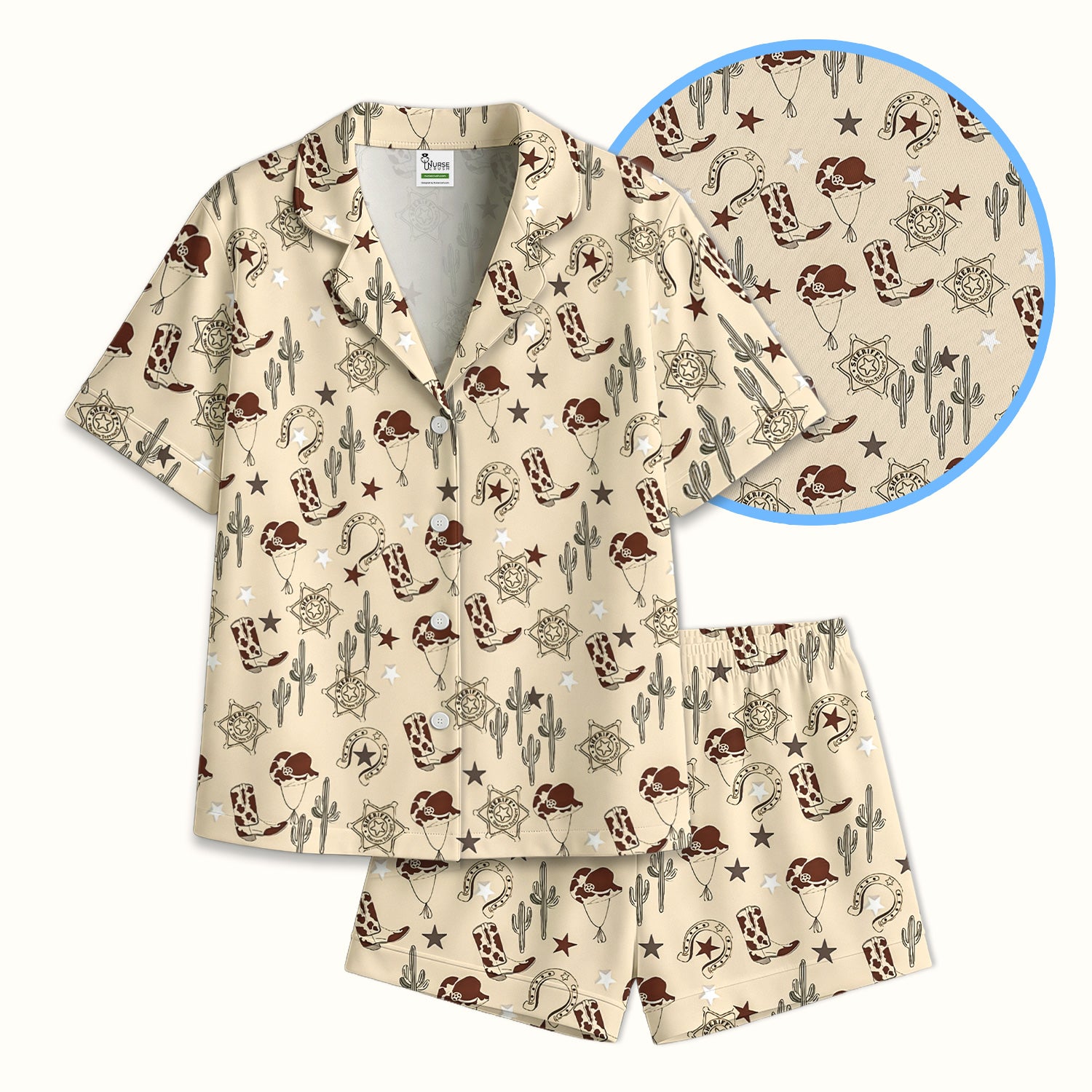 Funny Cowboy Hats & Boots Pattern Pajama Set, Soft Breathable Fabric Comfortable Sleepwear