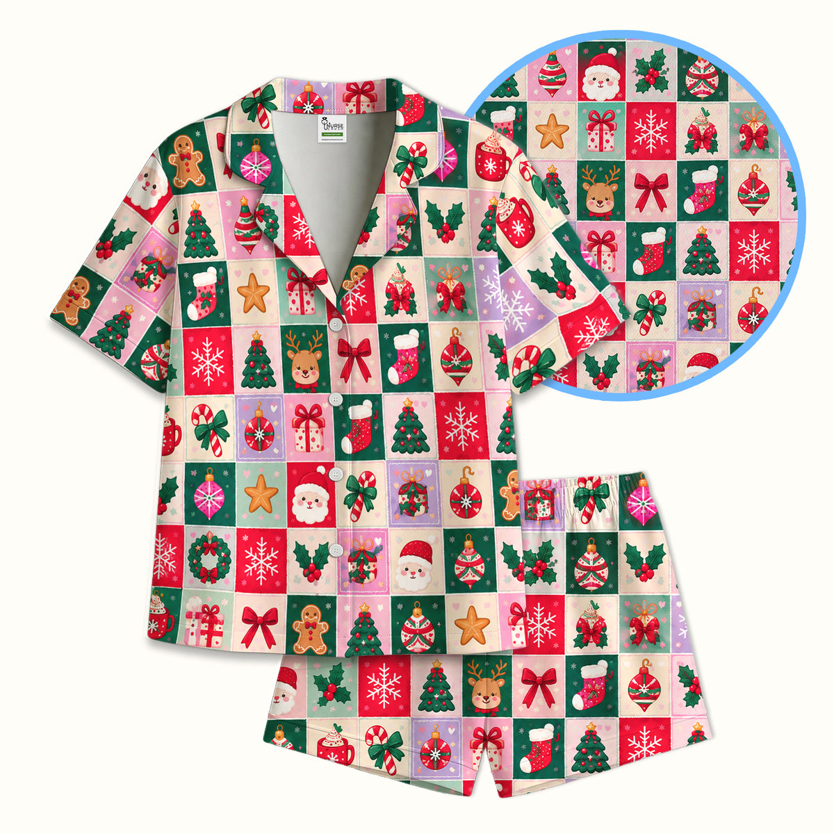 Cute Christmas Santa Patchwork Pajama Set, Soft Breathable Fabric Comfortable Sleepwear