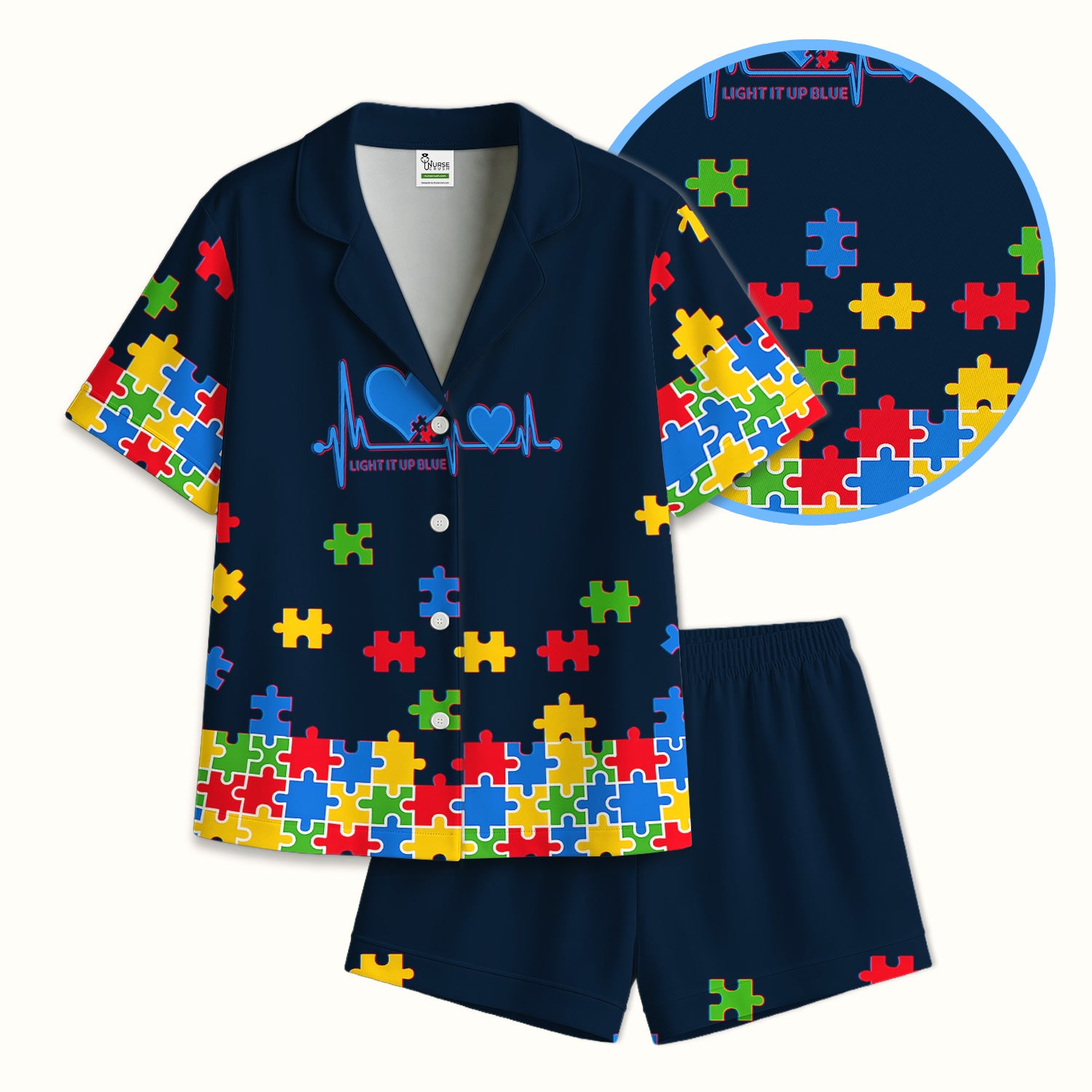 Autism Puzzle Heartbeat Light It Up Blue Print Pajama Set, Breathable Fabrics Uniform
