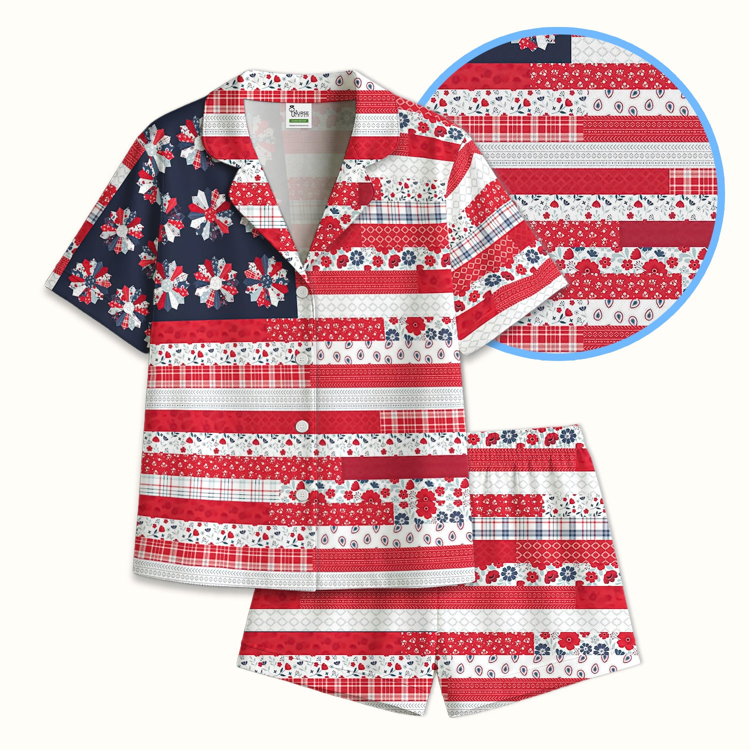 Patriotic Floral Flag Patchwork Pattern Pajama Set, Soft Breathable Fabric Comfortable Sleepwear