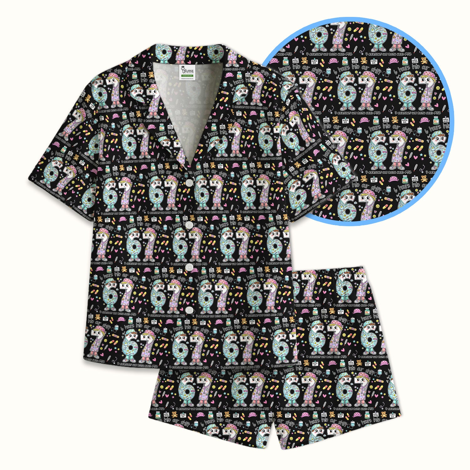 Cartoon Characters Six Hours Into Shift With Medical Doodle Pajama Set, Breathable Fabrics Uniform