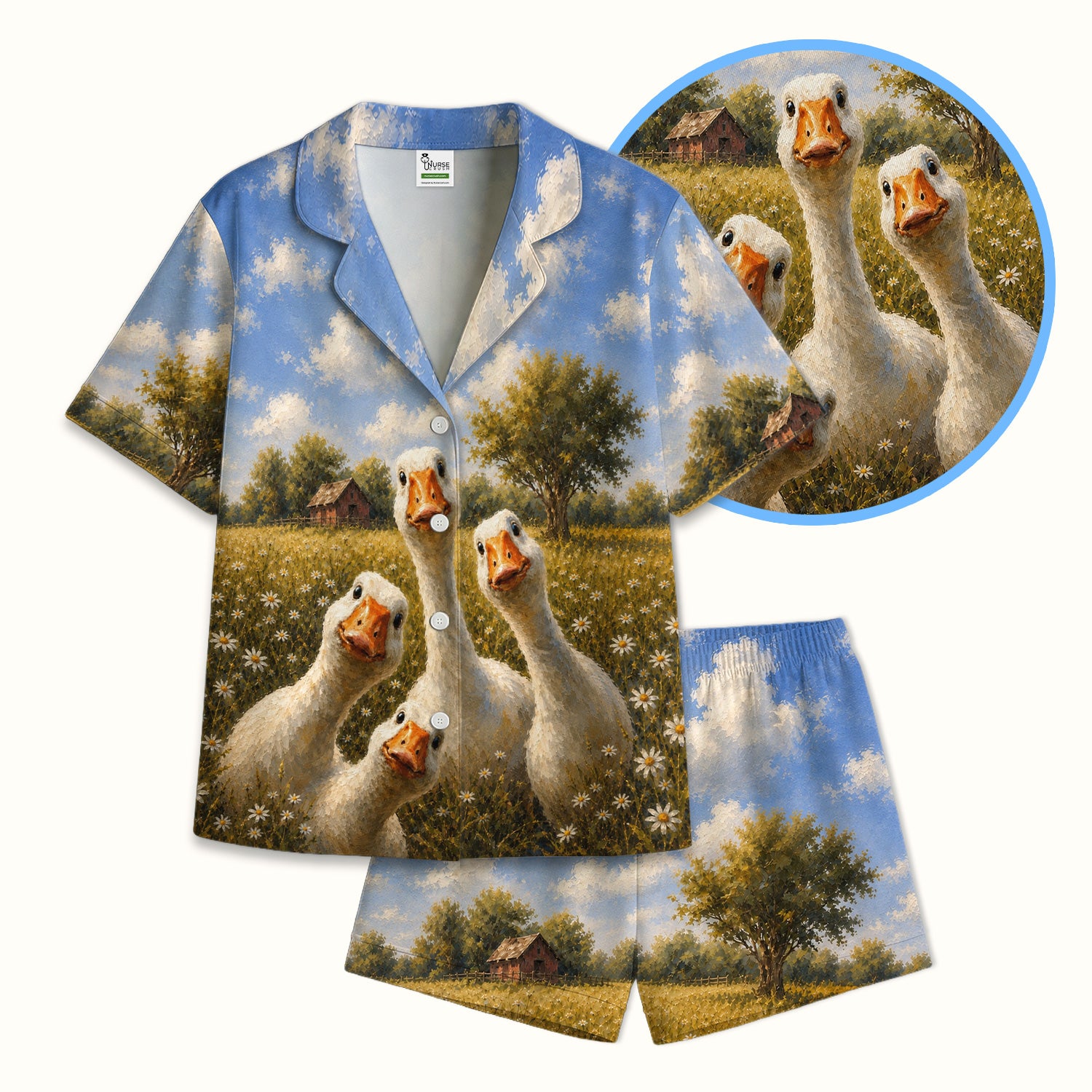 Cute Farmhouse Goose Meadow Pattern Pajama Set, Soft Breathable Fabric Comfortable Sleepwear