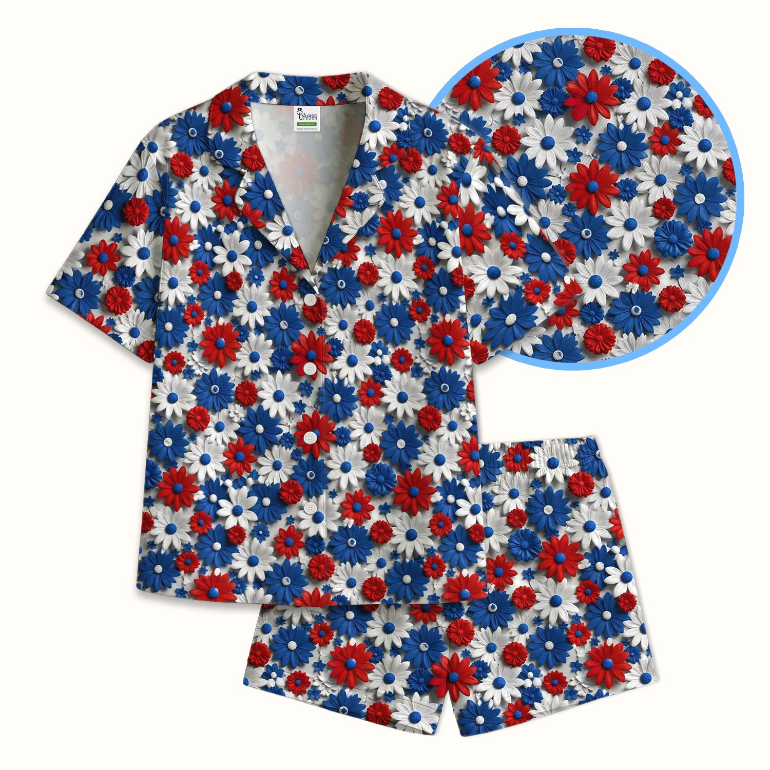 Patriotic Red Blue Daisy Floral Pattern Pajama Set, Soft Breathable Fabric Comfortable Sleepwear