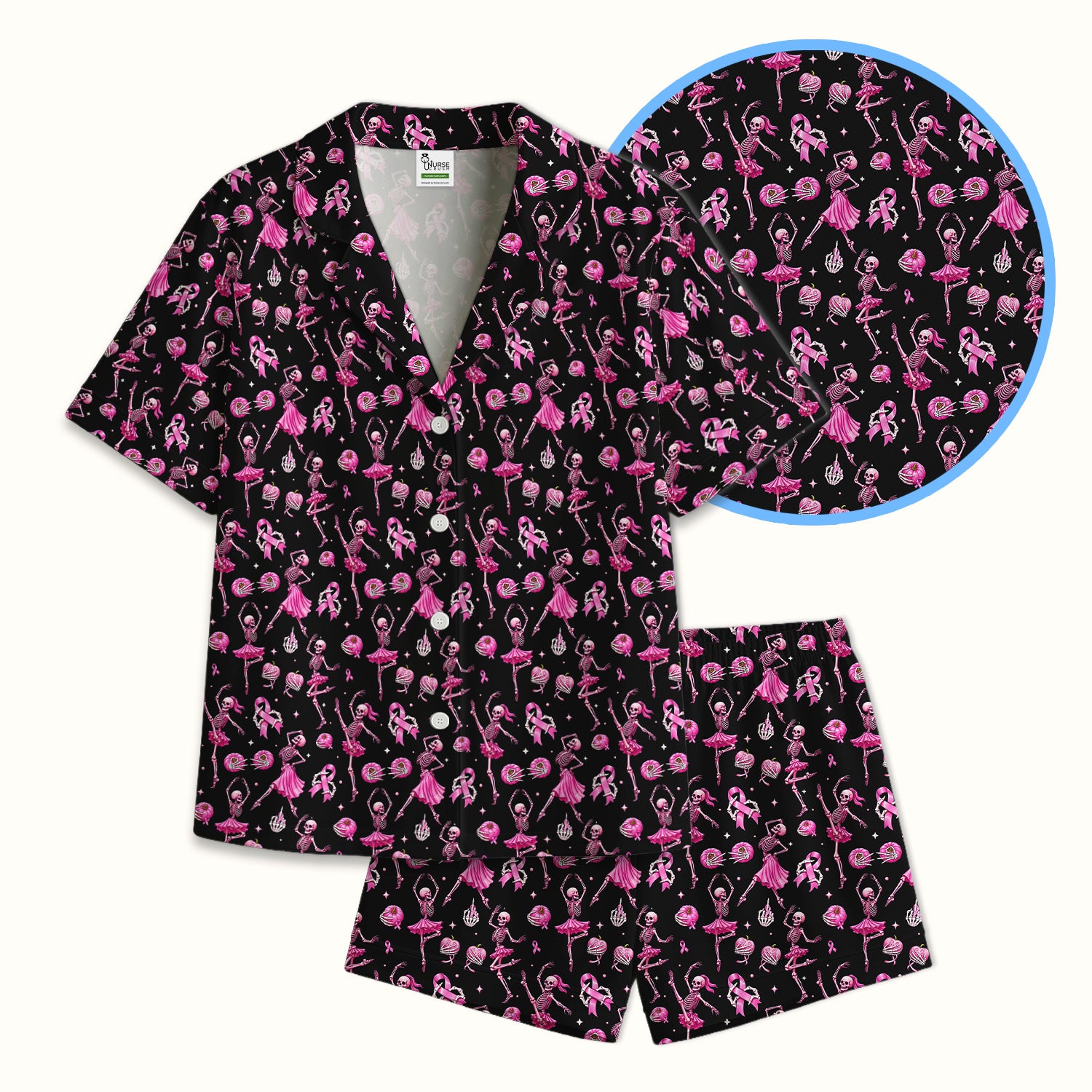 Pink Ribbon Skeleton Ballerina Print Pajama Set, Soft Breathable Fabric Comfortable Sleepwear