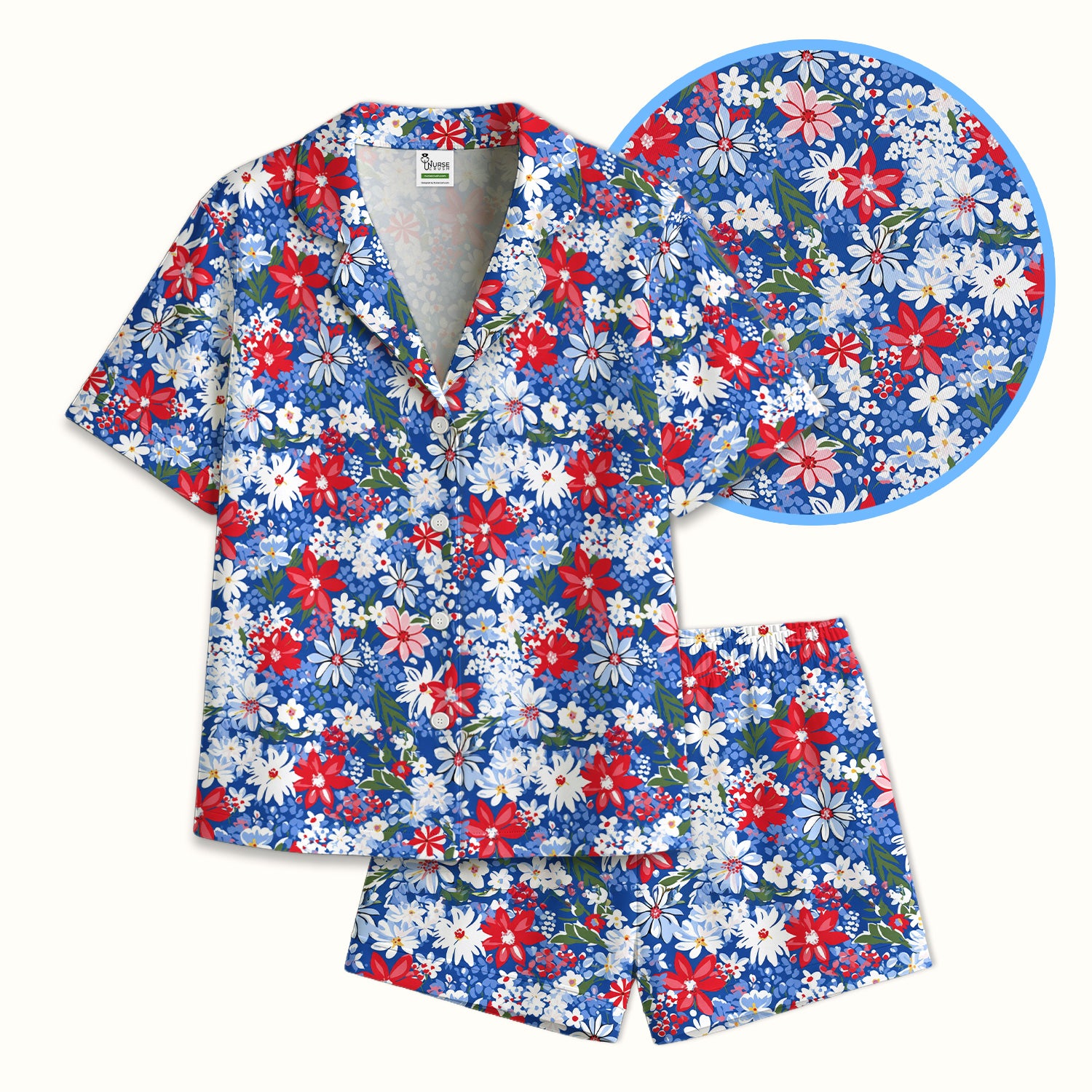 Patriotic Red White Blue Floral Garden Print Pajama Set, Soft Breathable Fabric Comfortable Sleepwear